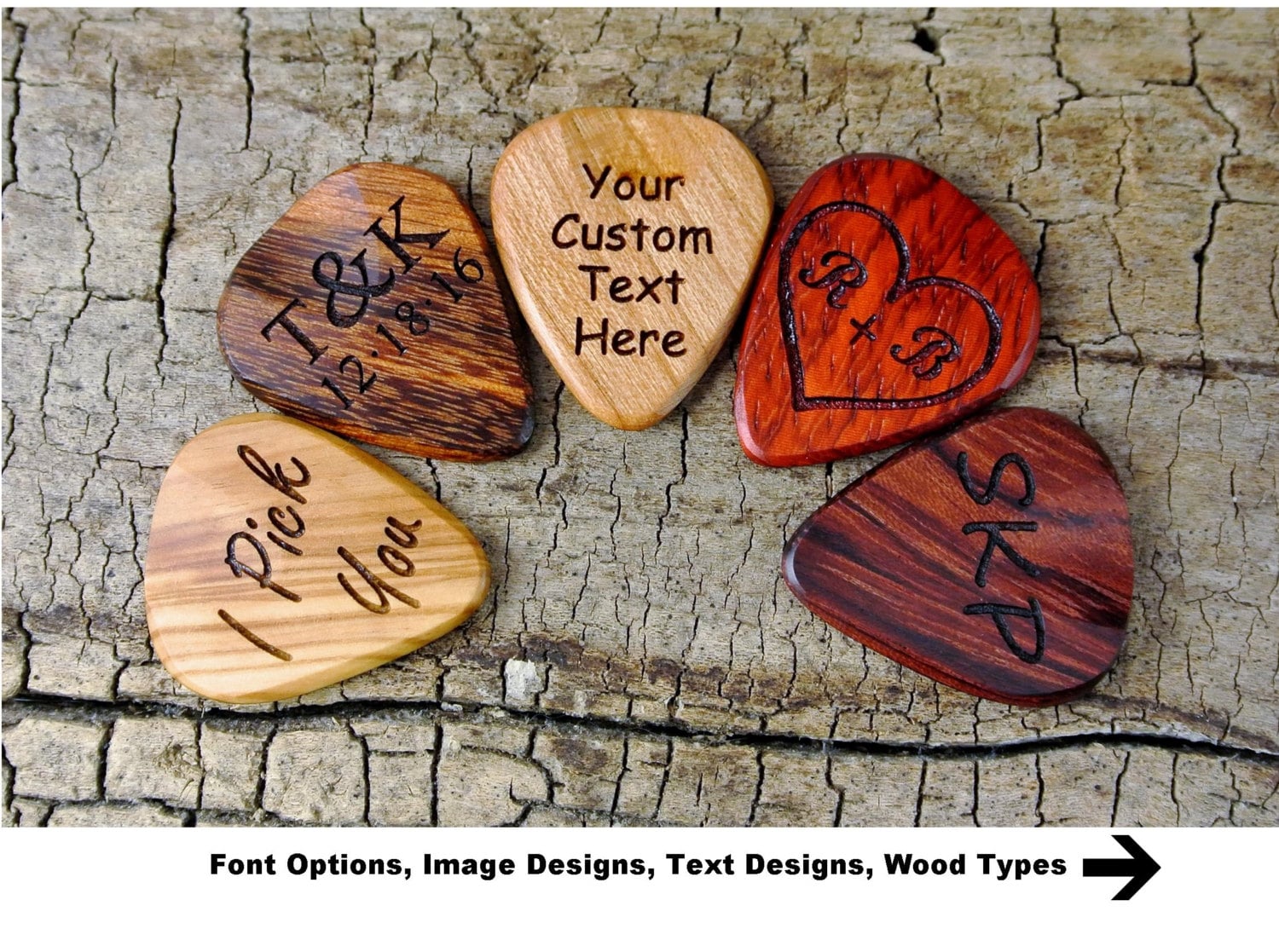 Handmade Wooden Guitar Pick: Custom Engraved Wood - One Pick