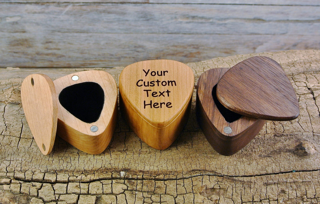 Custom Engraved Wood Guitar Pick Box: Magnetic Closure - Can hold up to 5 Picks