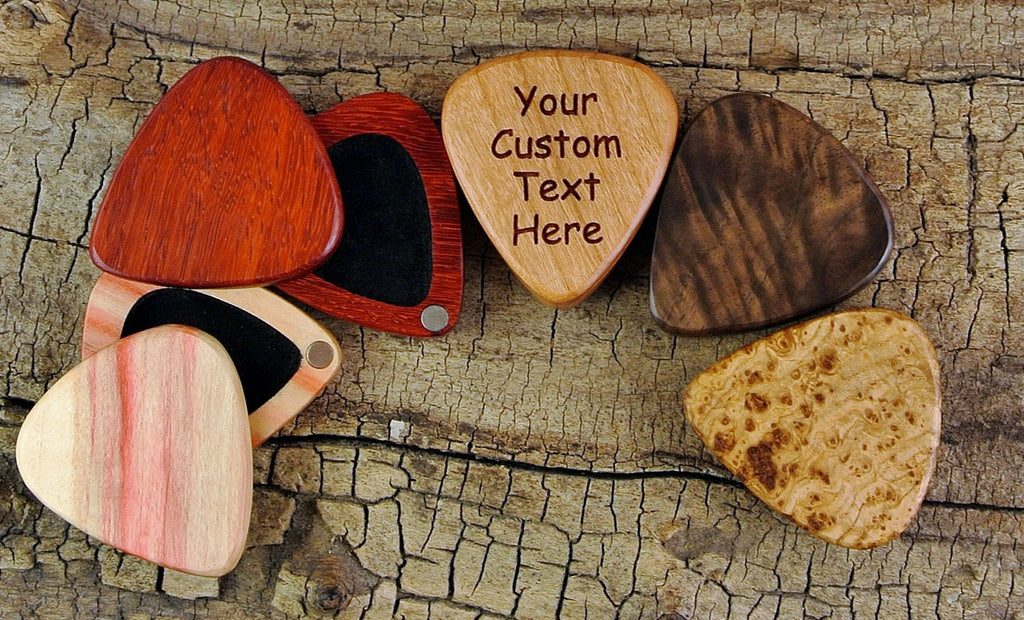 Custom Engraved Wood Guitar Pick Box: Magnetic Lid - For Holding One Pick
