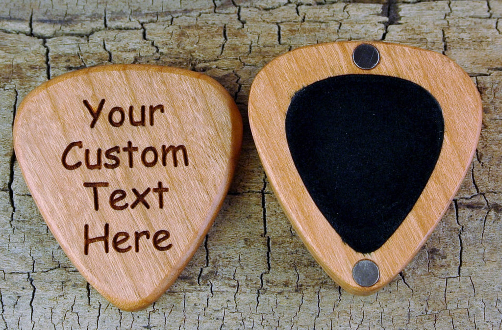 Custom Engraved Wood Guitar Pick Box: Magnetic Lid - For Holding One Pick