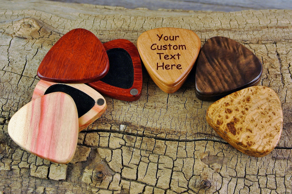 Custom Engraved Wood Guitar Pick Box: Magnetic Lid - For Holding One Pick