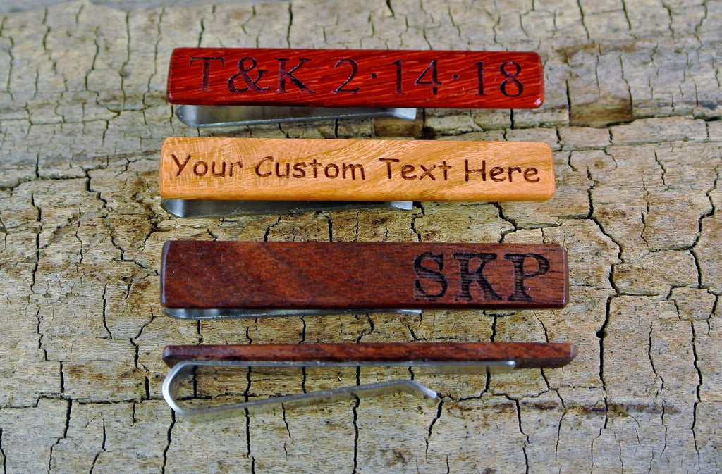 Handmade Wood Tie Clip: Rare Burl Wood, Custom Engraved, Stainless Steel