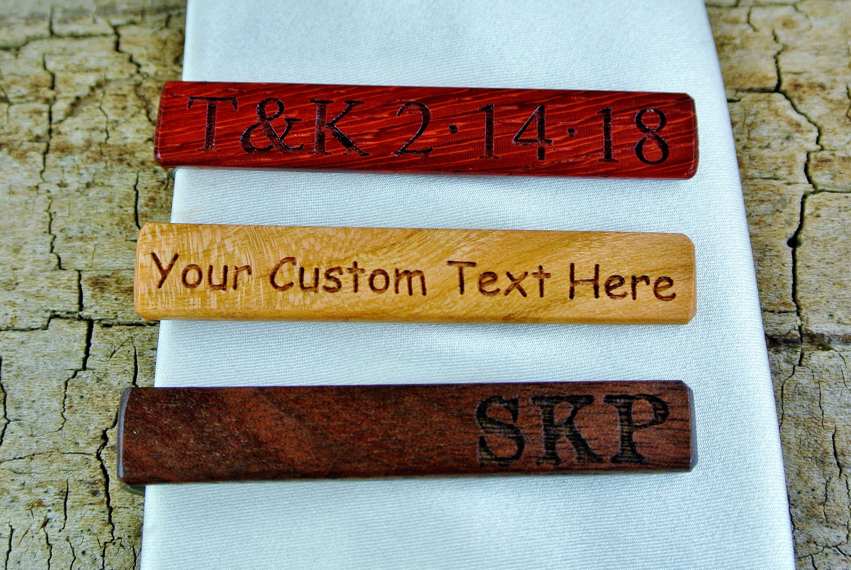 Handmade Wood Tie Clip: Rare Burl Wood, Custom Engraved, Stainless Steel
