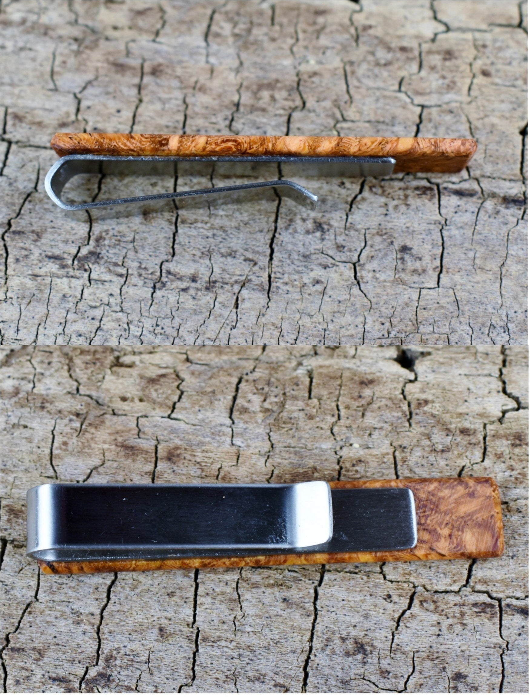Handmade Wood Tie Clip: Rare Burl Wood, Custom Engraved, Stainless Steel