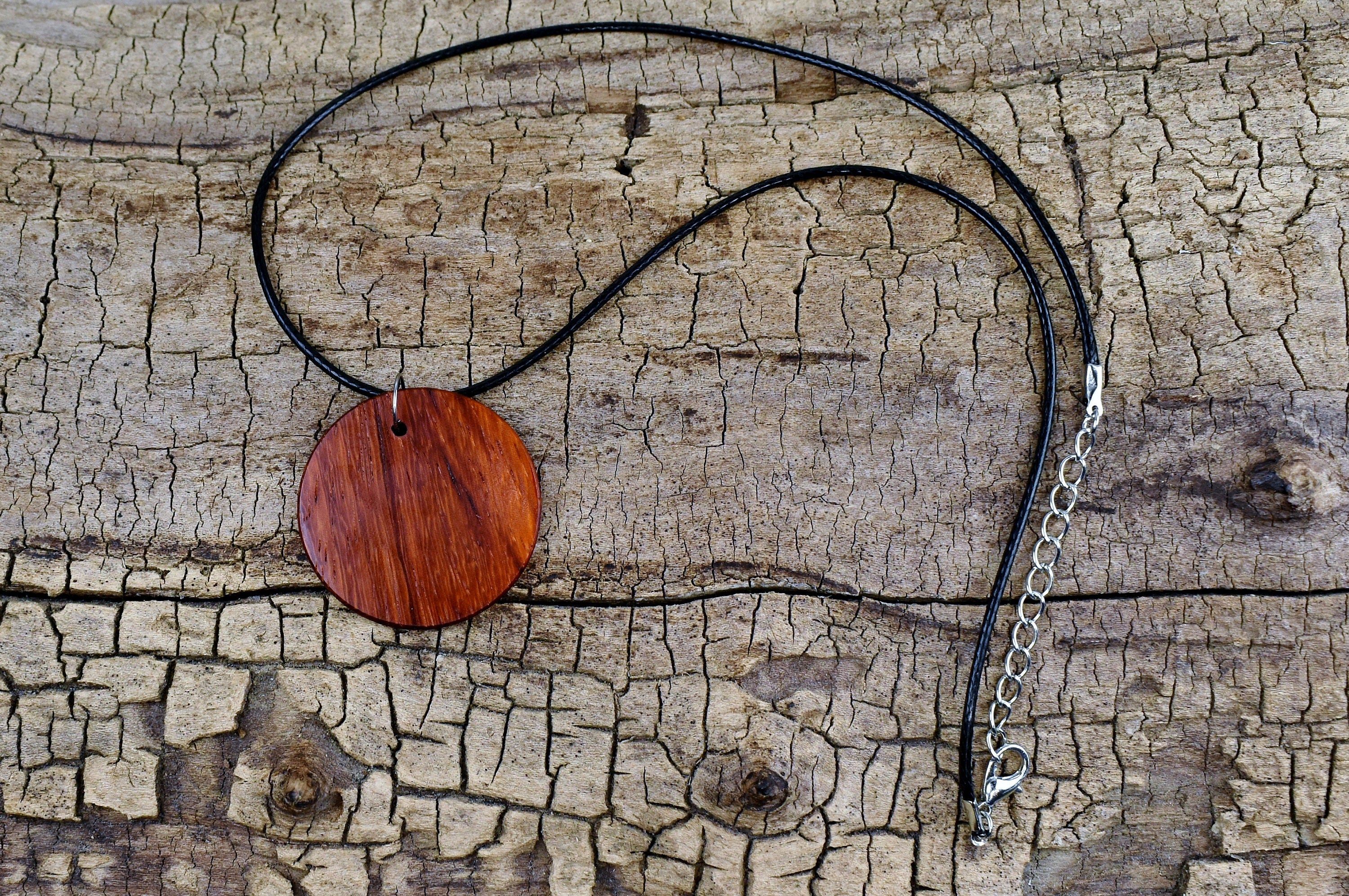Engraved Wood Pendant Necklace: Personalized Circle Pendant, Adjustable