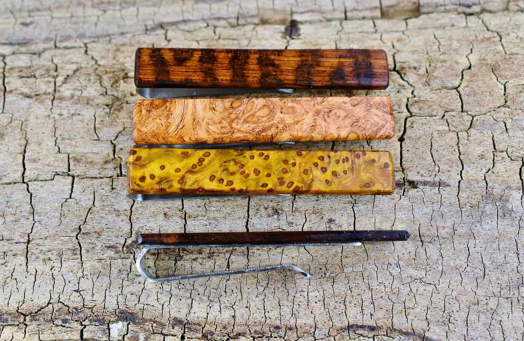 Handmade Wood Tie Clip: Rare Burl Wood, Custom Engraved, Stainless Steel