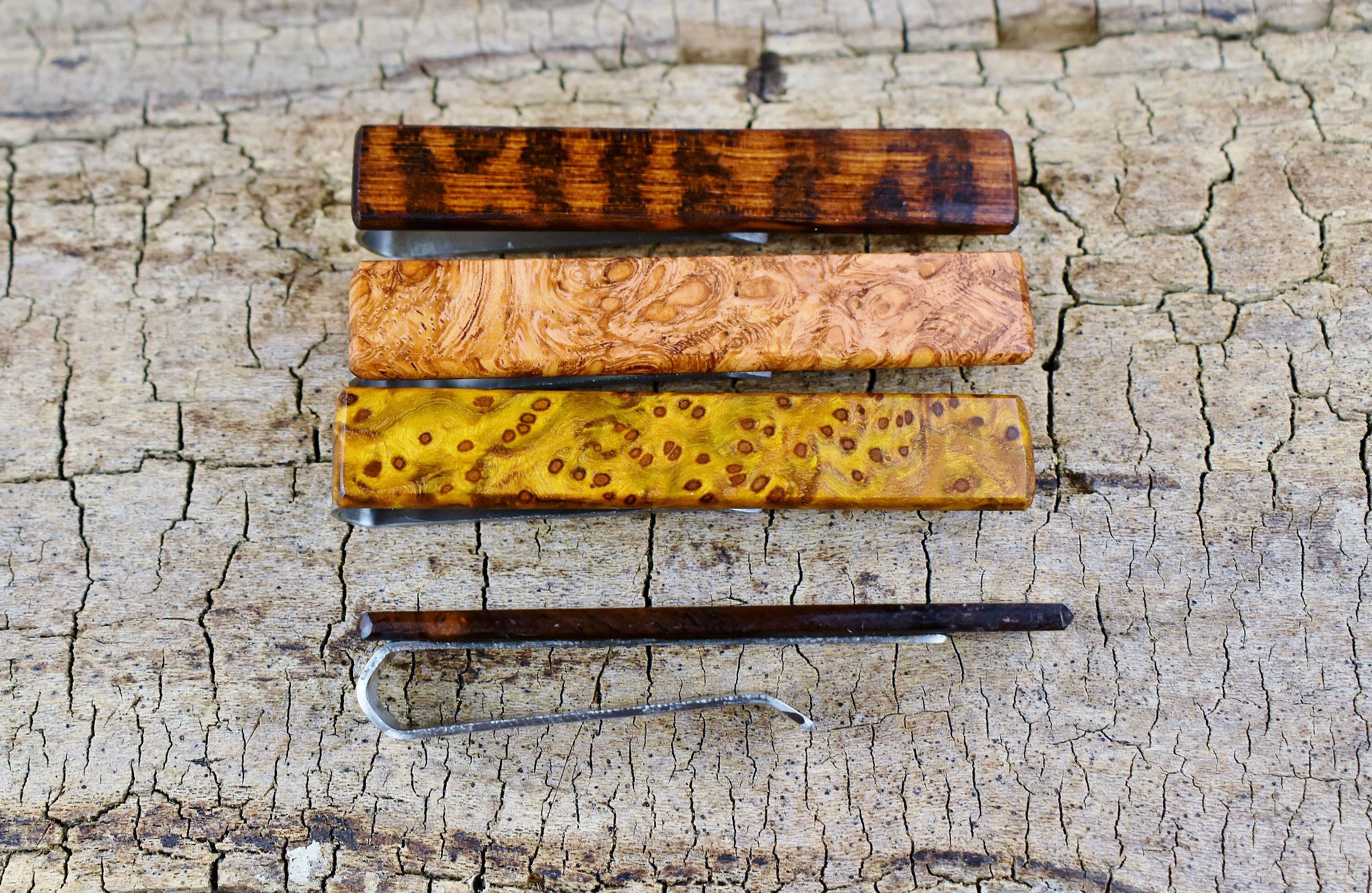 Handmade Wood Tie Clip: Rare Burl Wood, Custom Engraved, Stainless Steel