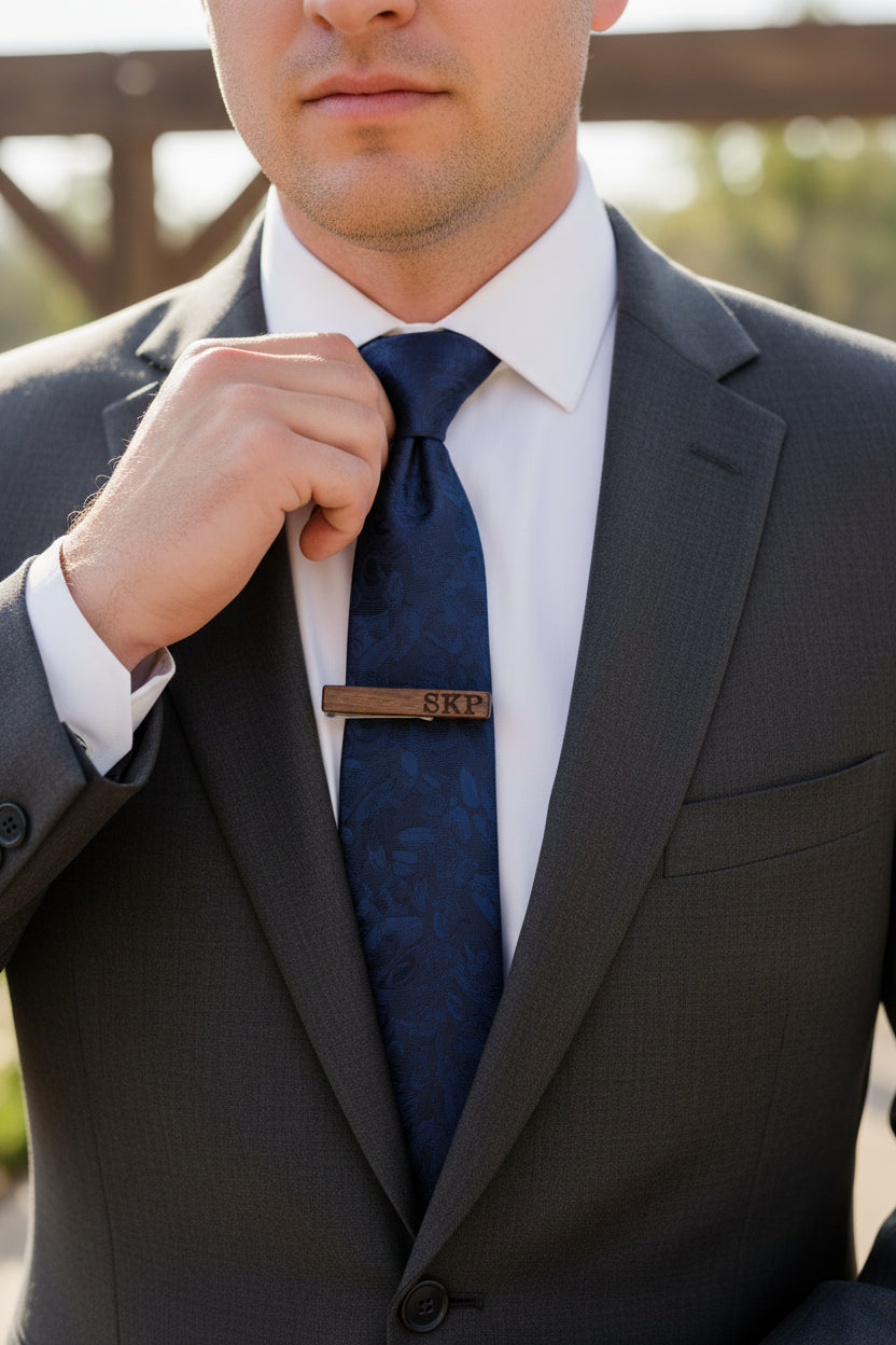Engraved Wood Tie Clip: Custom Stainless Steel Tie Bar, Groomsmen Gift