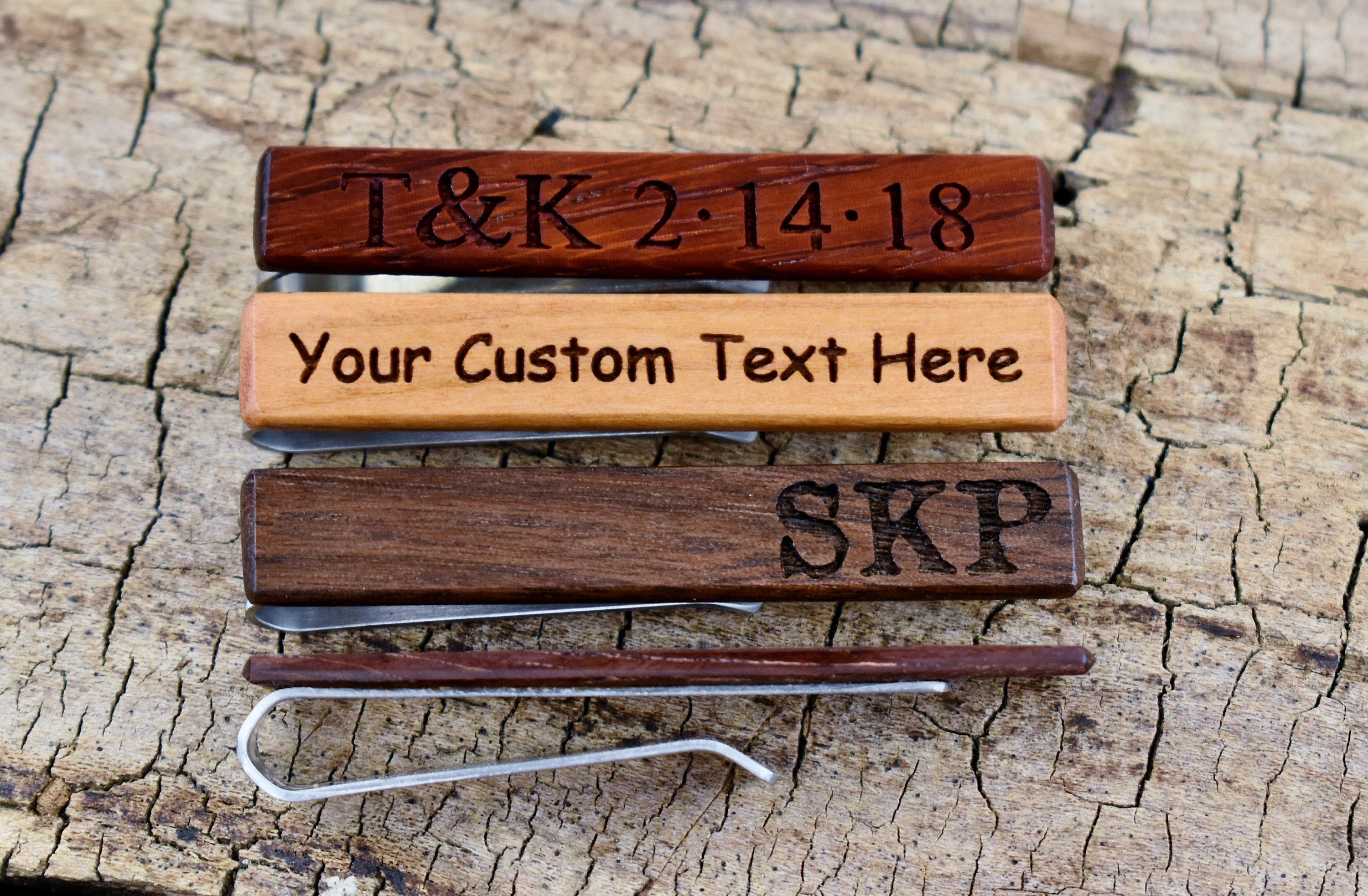 Engraved Wood Tie Clip: Custom Stainless Steel Tie Bar, Groomsmen Gift