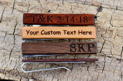 Engraved Wood Tie Clip: Custom Stainless Steel Tie Bar, Groomsmen Gift