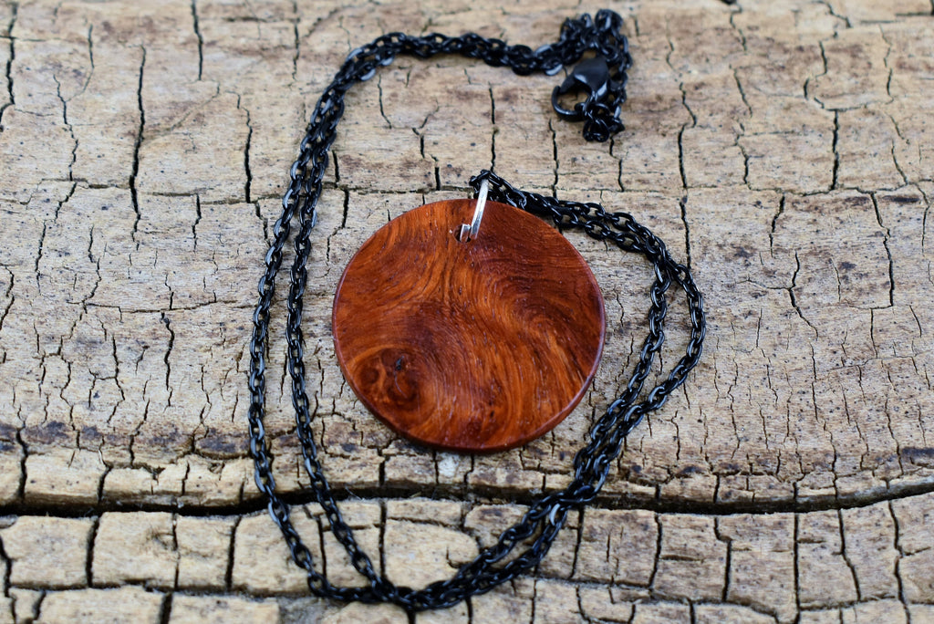Afzelia Burl Wood Pendant Necklace: Handmade Rare Wood, 18 inch Chain