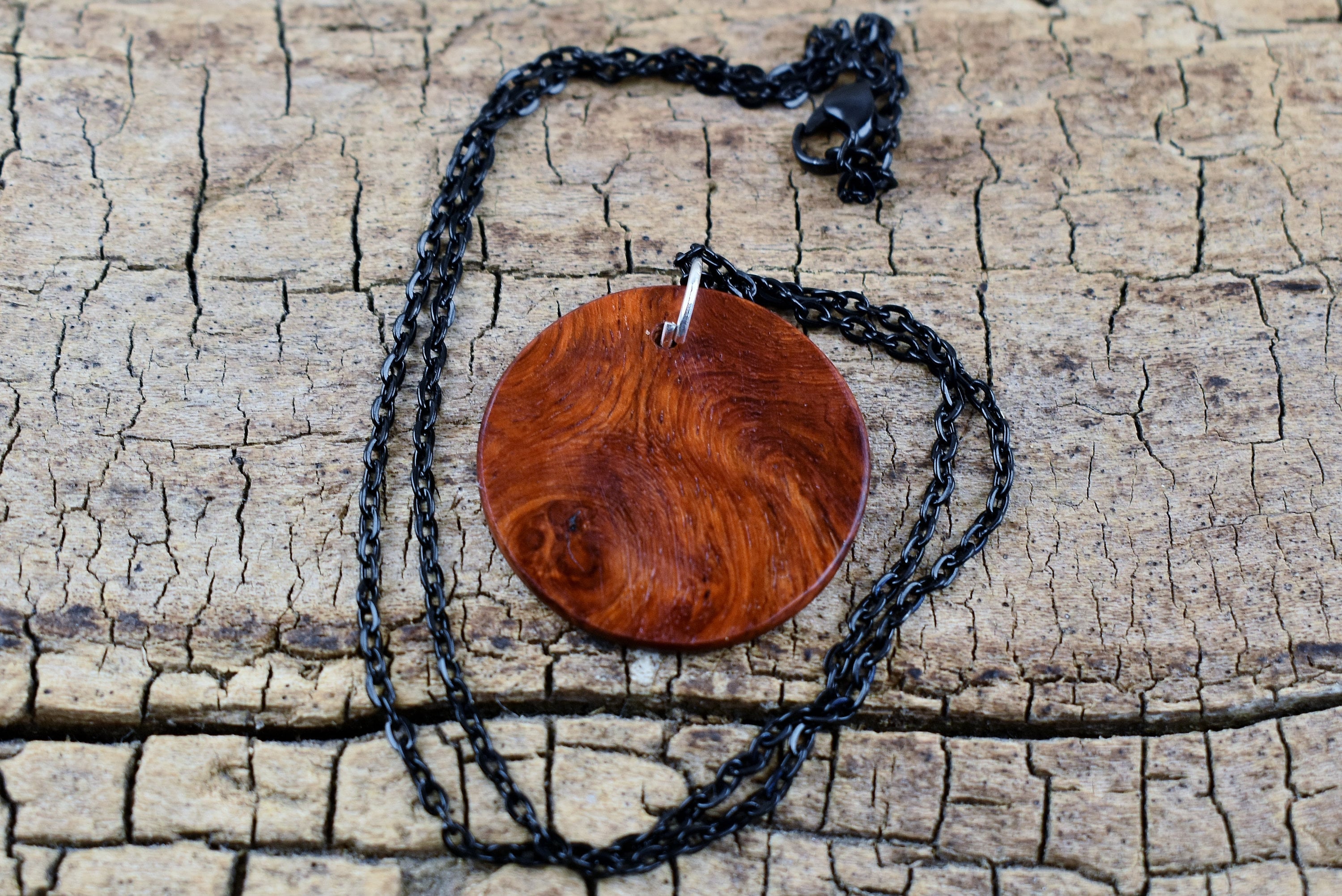 Afzelia Burl Wood Pendant Necklace: Handmade Rare Wood, 18 inch Chain
