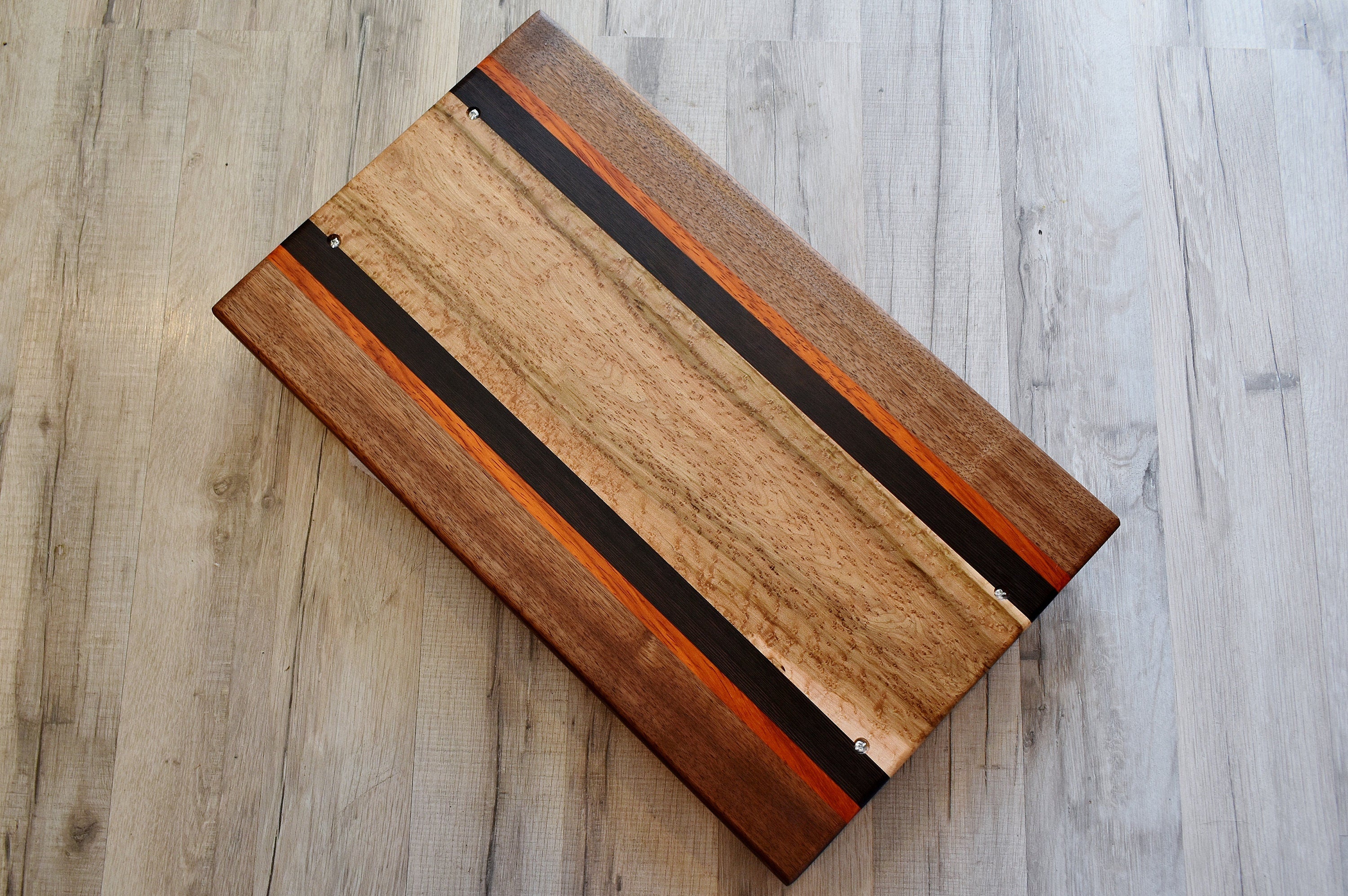 Handcrafted Multi-Wood Charcuterie Board: Walnut, Padauk, Wenge, Birdseye Maple