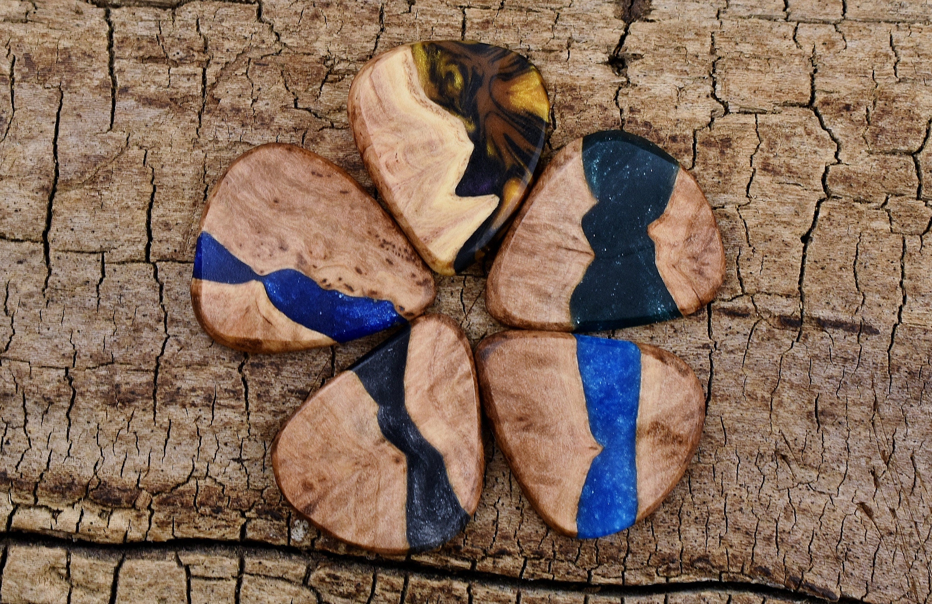 Handmade Mallee Burl and Resin Guitar Pick