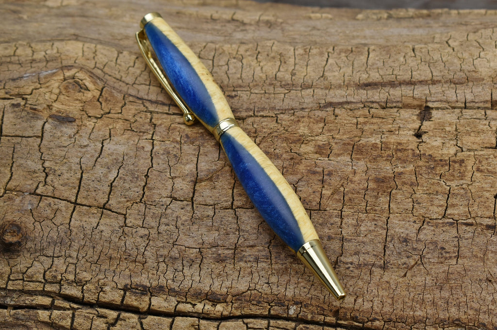 Cobalt Blue Resin Box Elder Burl Wood Pen - Gold Finish
