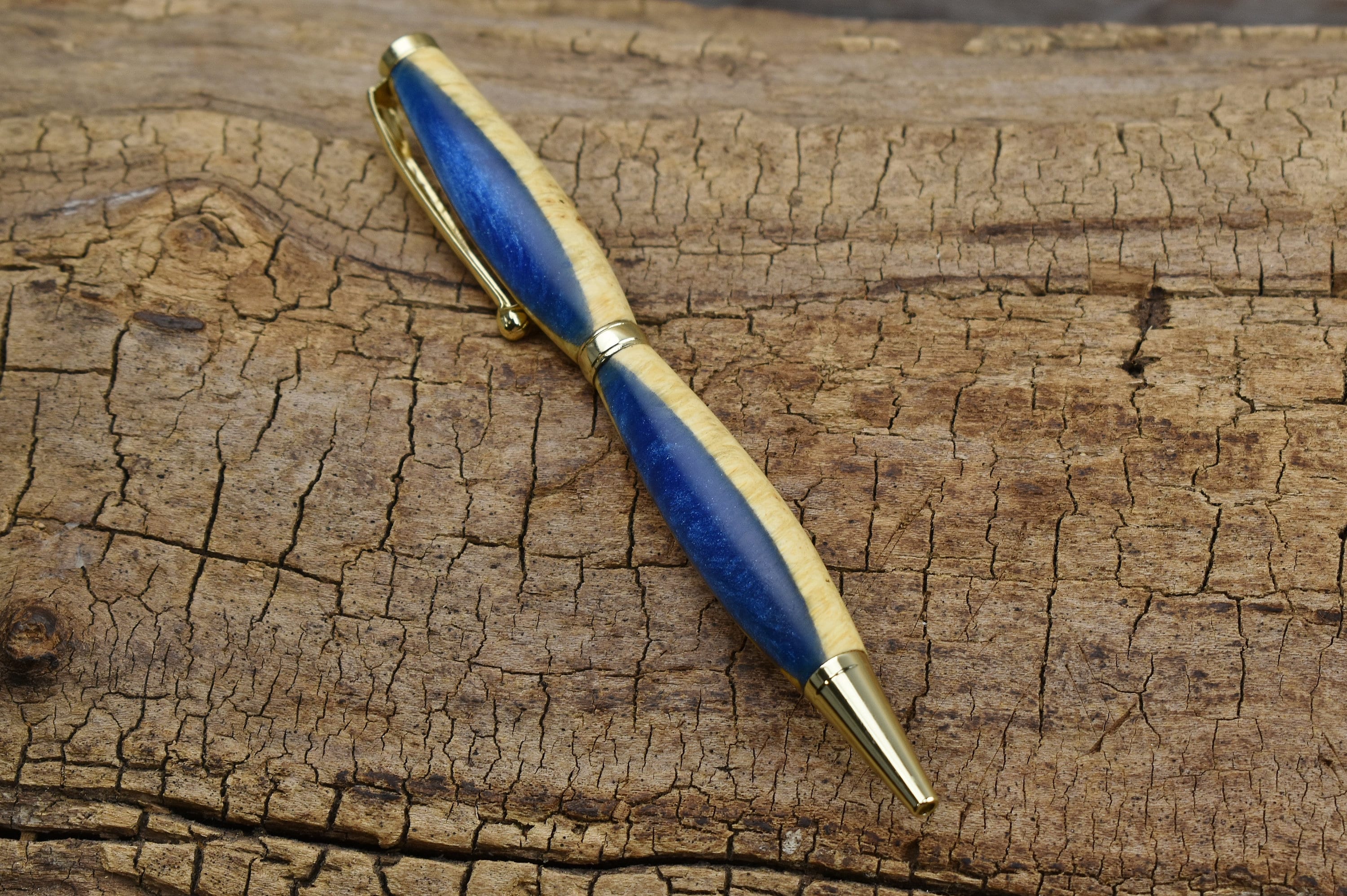 Cobalt Blue Resin Box Elder Burl Wood Pen - Gold Finish