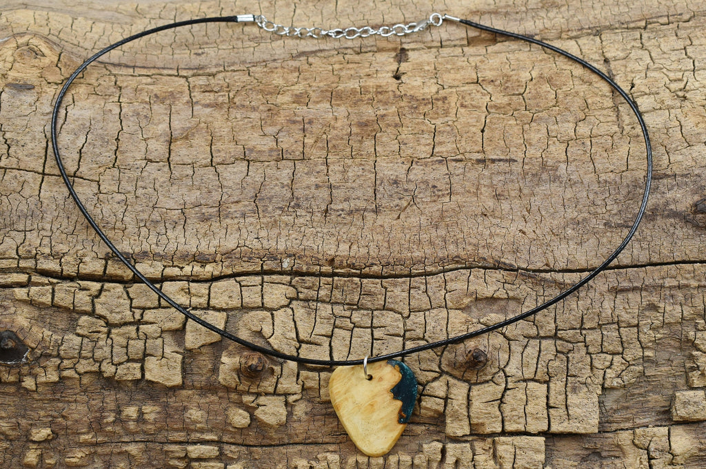 Afzelia Burl Guitar Pick Pendant: Emerald Green Resin Wood Necklace