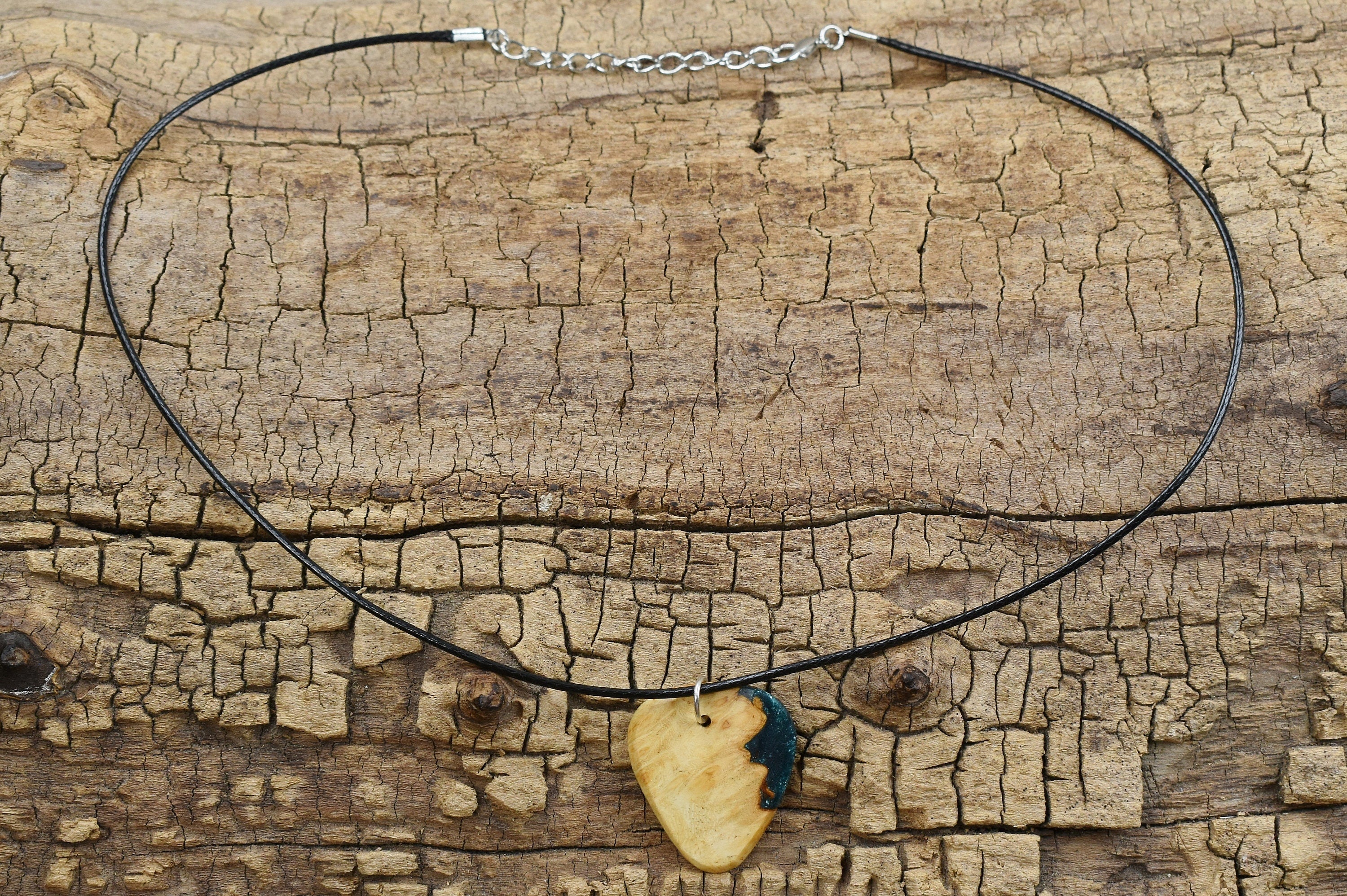 Afzelia Burl Guitar Pick Pendant: Emerald Green Resin Wood Necklace