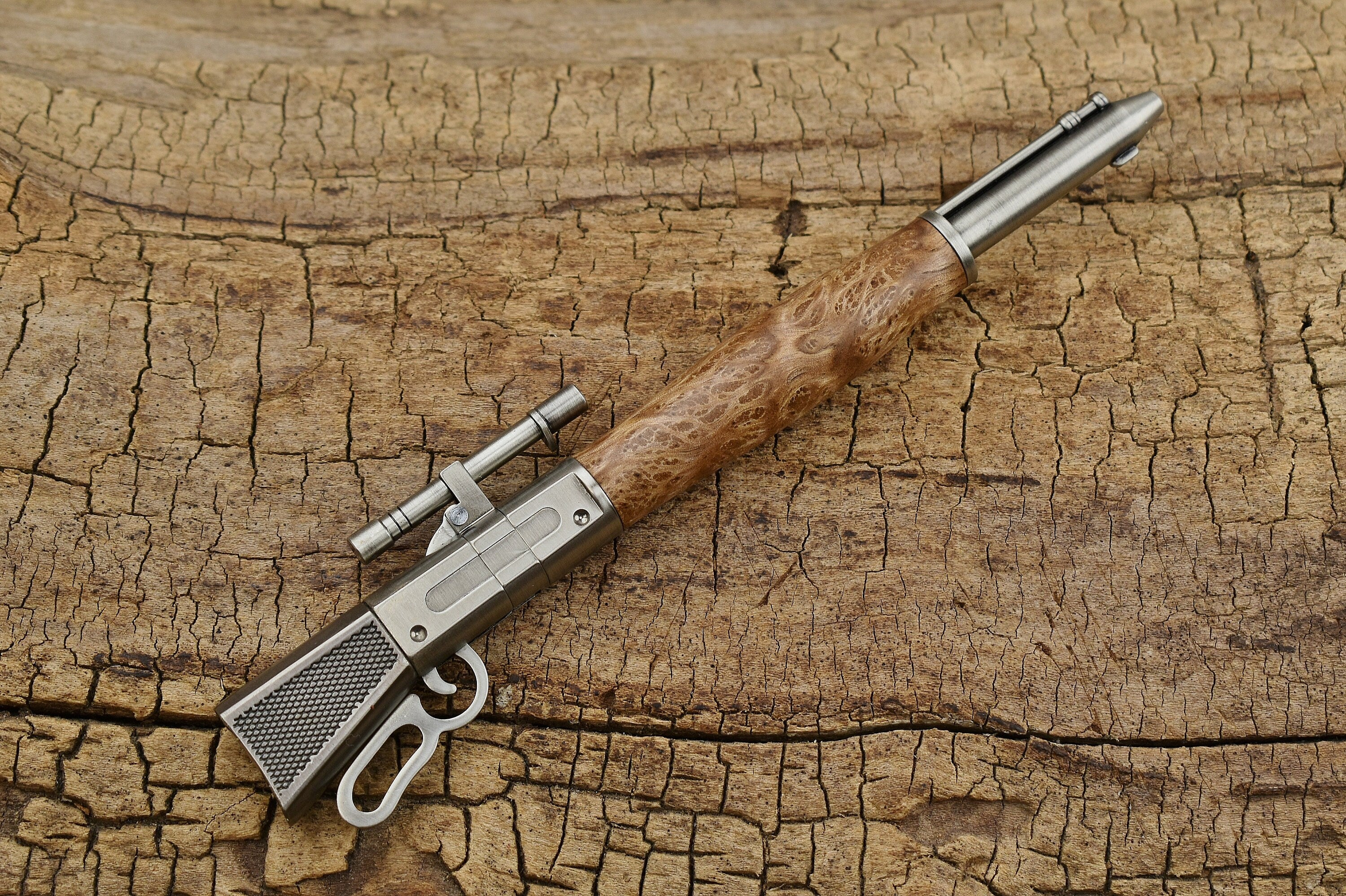 Satinwood Burl Rifle Pen: Hand Carved Lever Action Click Pen
