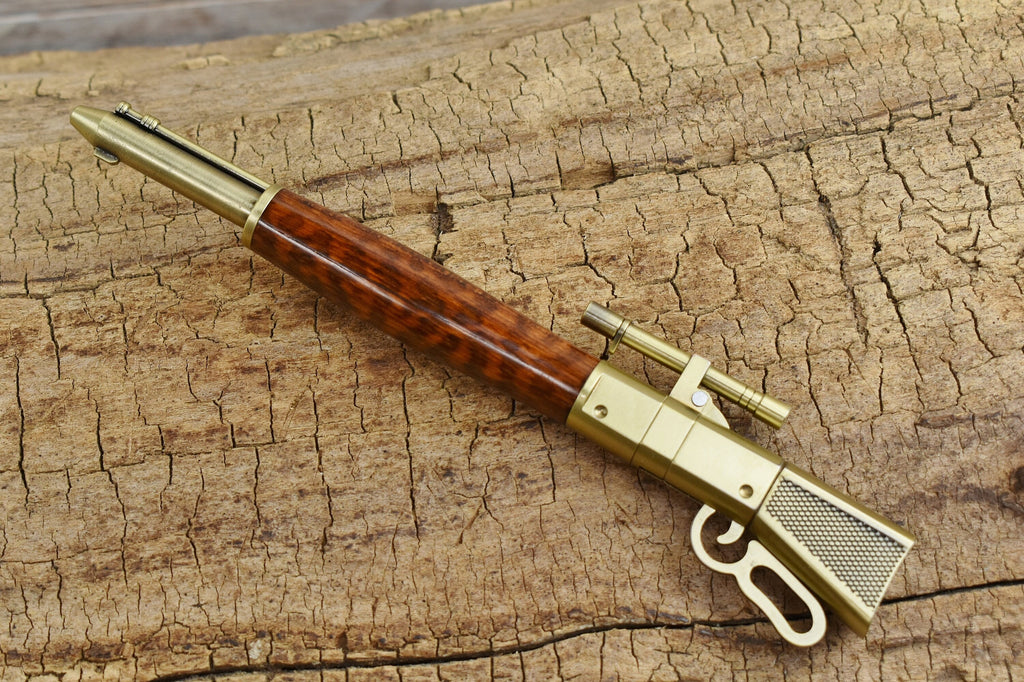 Hand Carved Snakewood Rifle Pen - Lever Action Antique Brass Finish