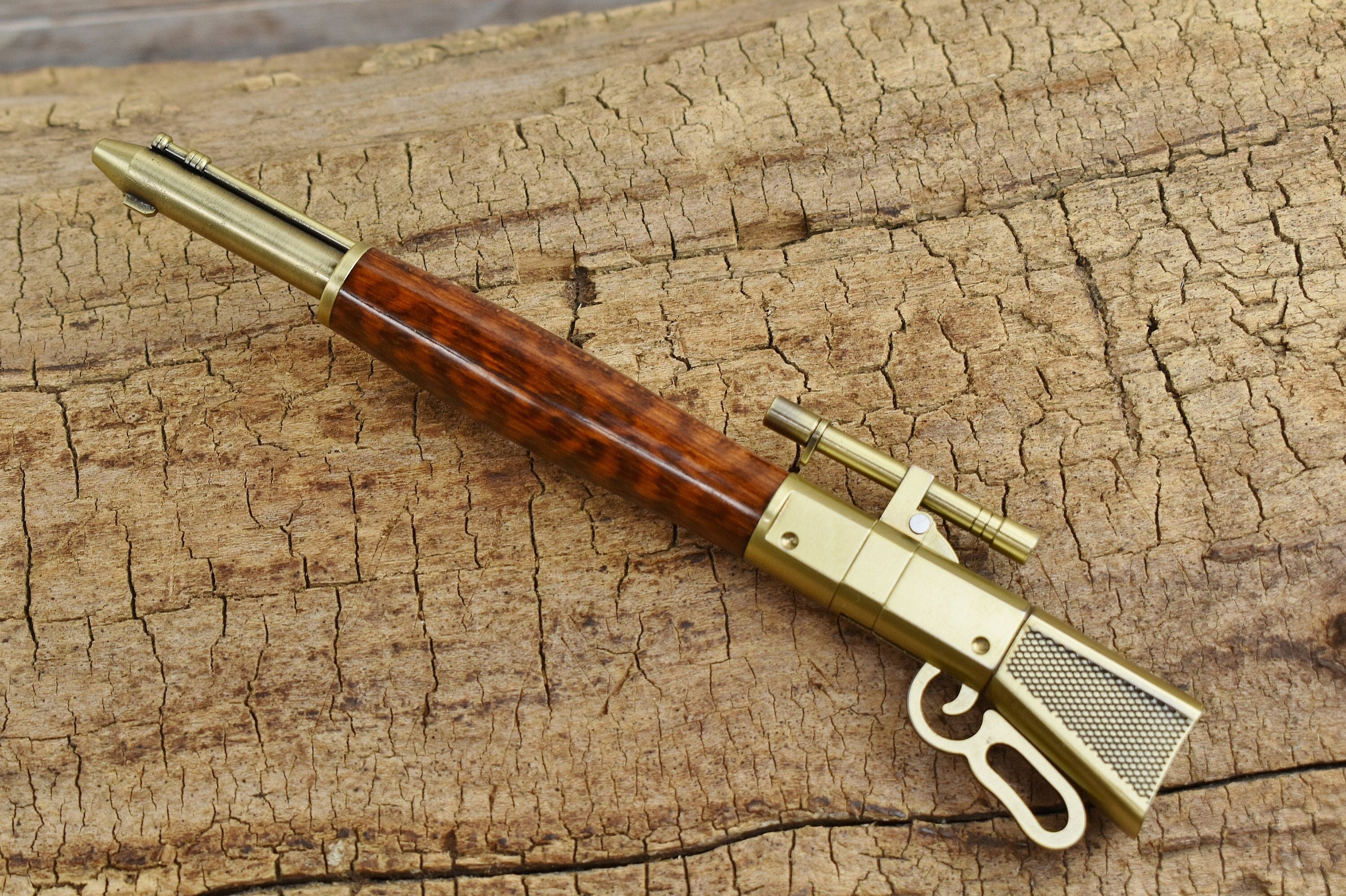 Hand Carved Snakewood Rifle Pen - Lever Action Antique Brass Finish