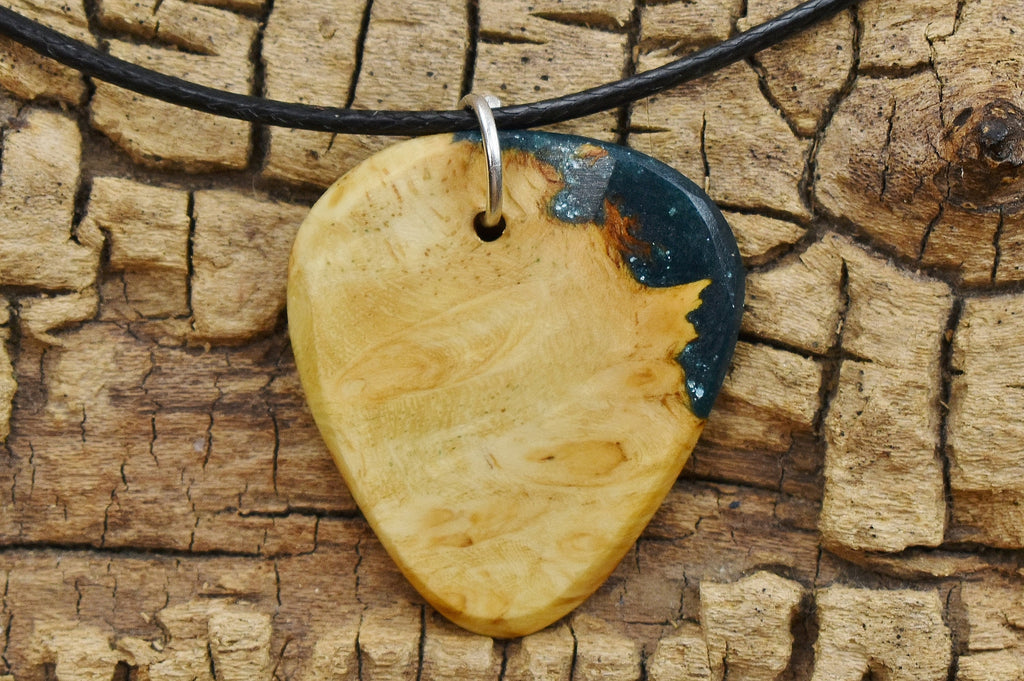 Handmade Afzelia Burl Guitar Pick Pendant: Emerald Green Resin Necklace