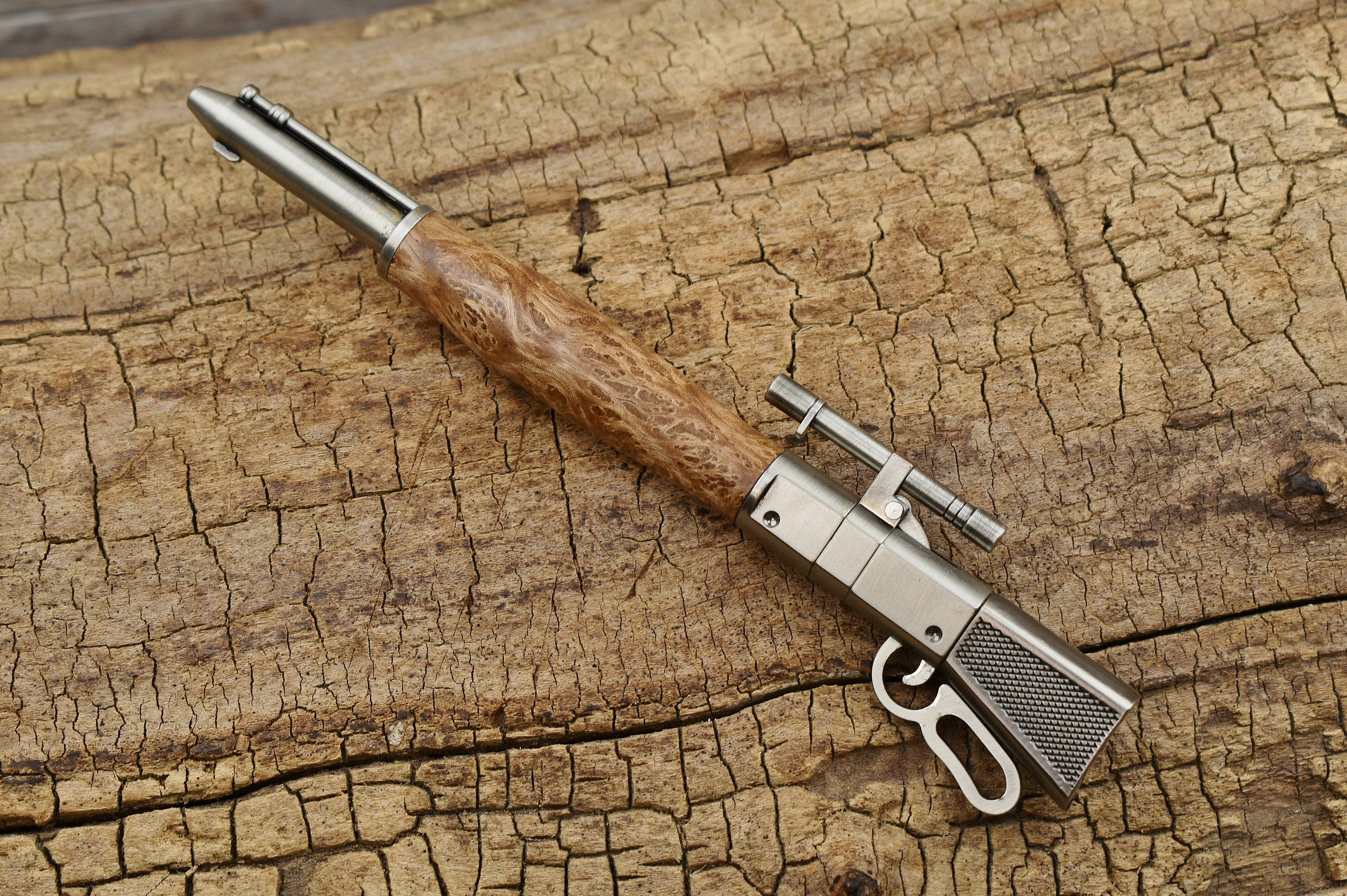 Satinwood Burl Rifle Pen: Hand Carved Lever Action Click Pen