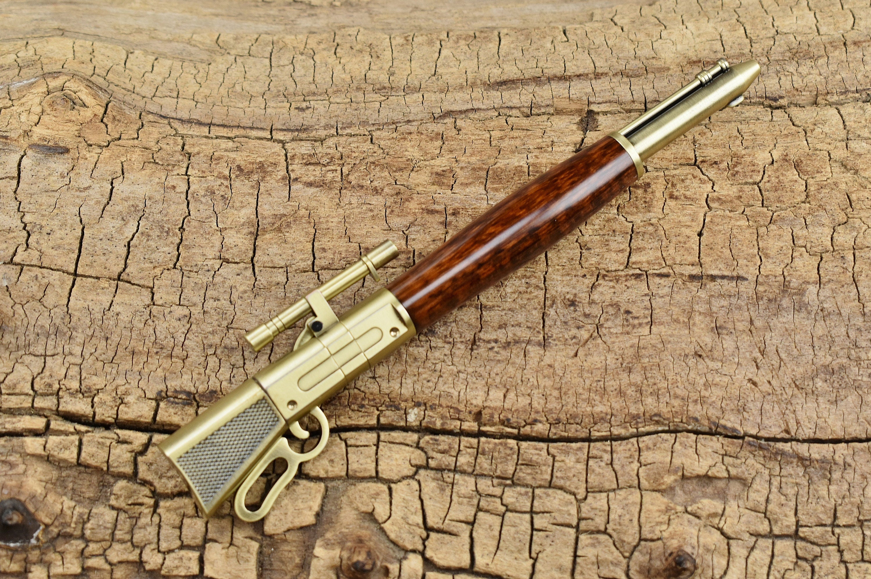 Hand Carved Snakewood Rifle Pen - Lever Action Antique Brass Finish