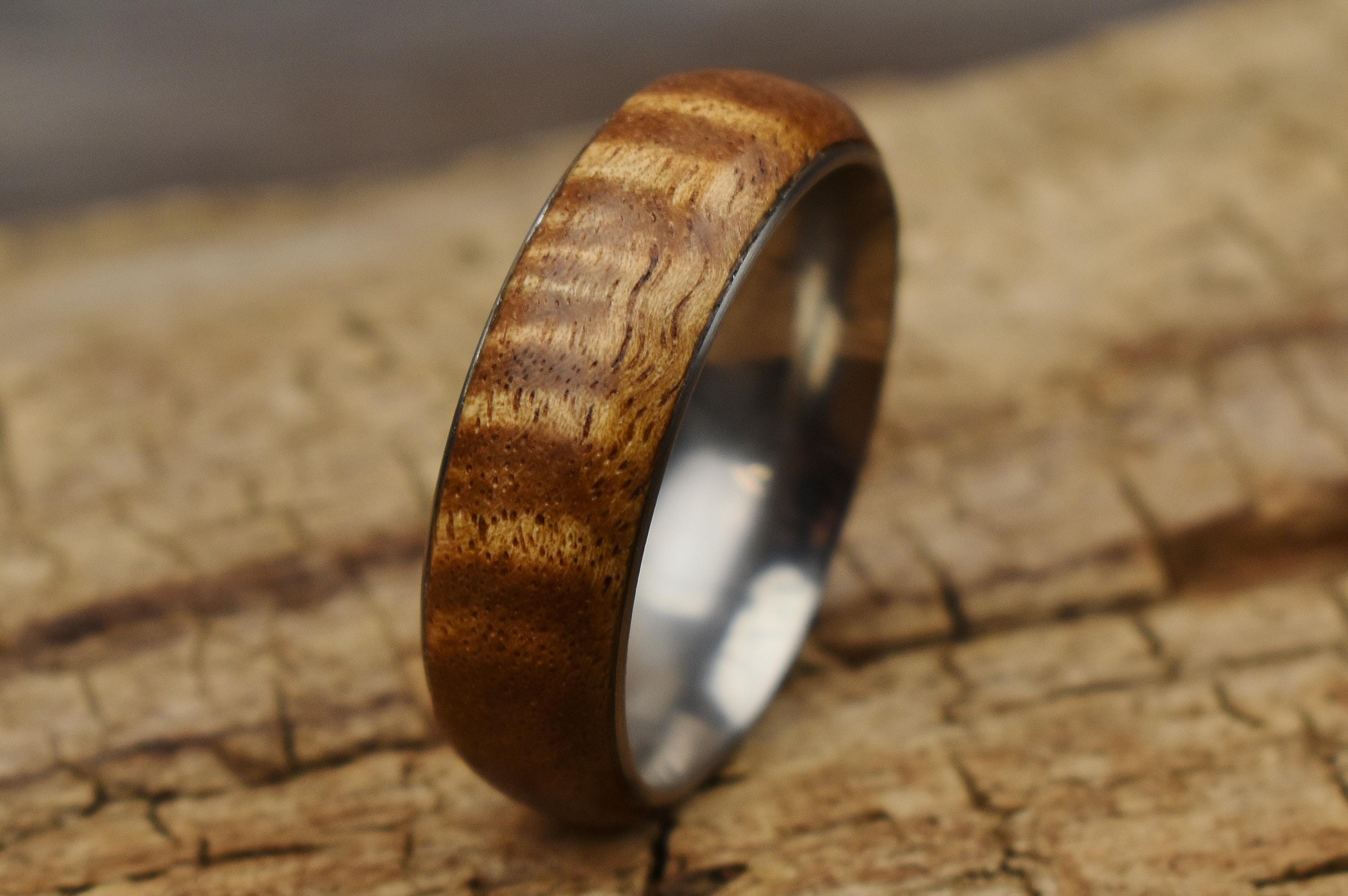 Handmade Curly Acacia Wood Ring - Stainless Steel Core - Size 13