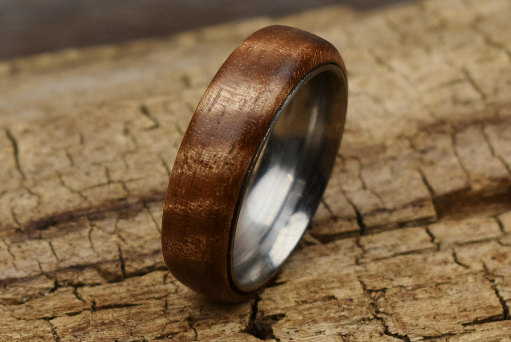 Handmade Curly Satinwood Ring - Stainless Steel Core - Size 13