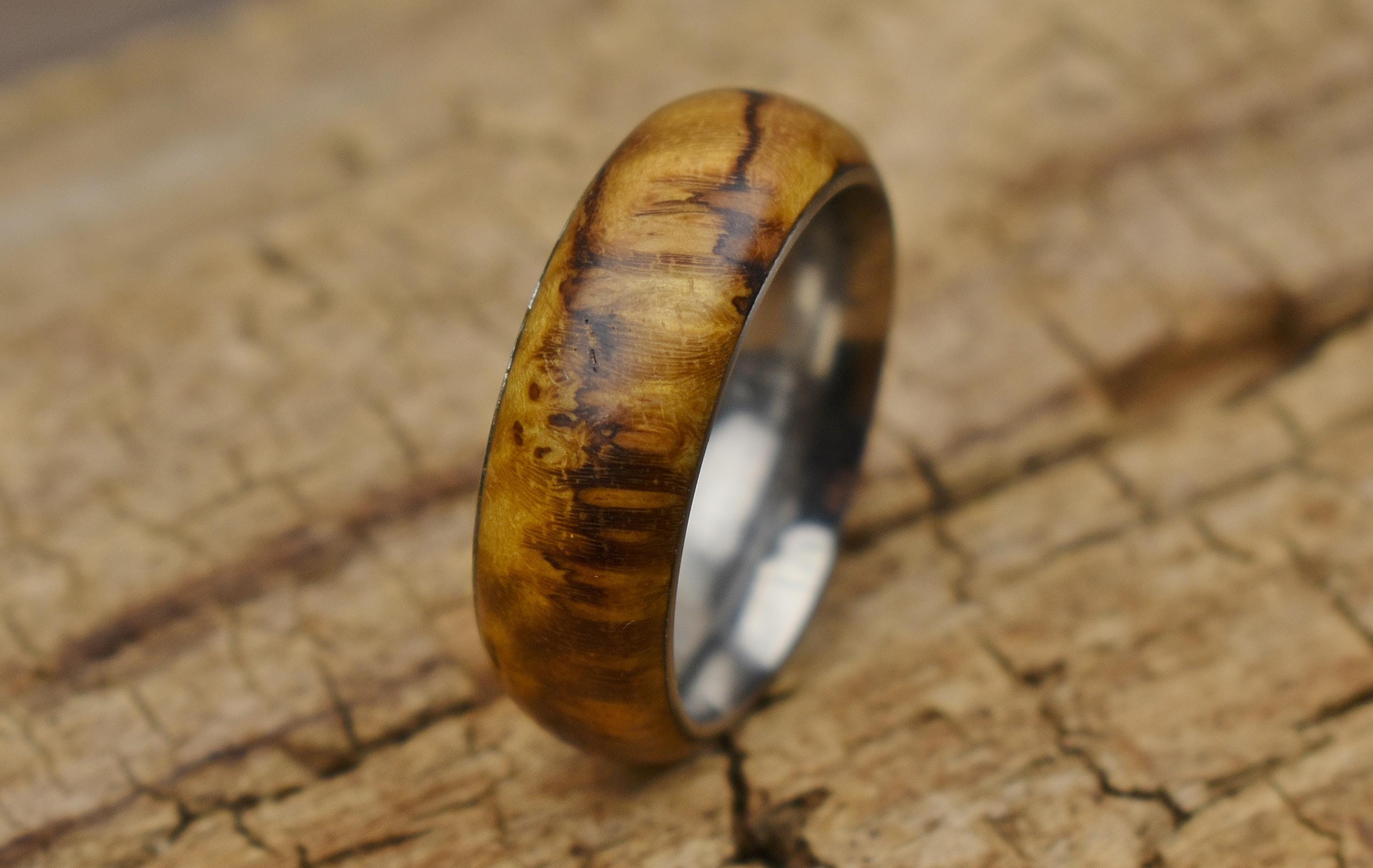 Handmade Teak Burl Ring: Stainless Steel Core, Size 9.5