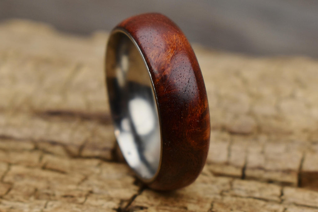 Handmade Bloodwood Burl Ring - Stainless Steel Core - Size 11.5