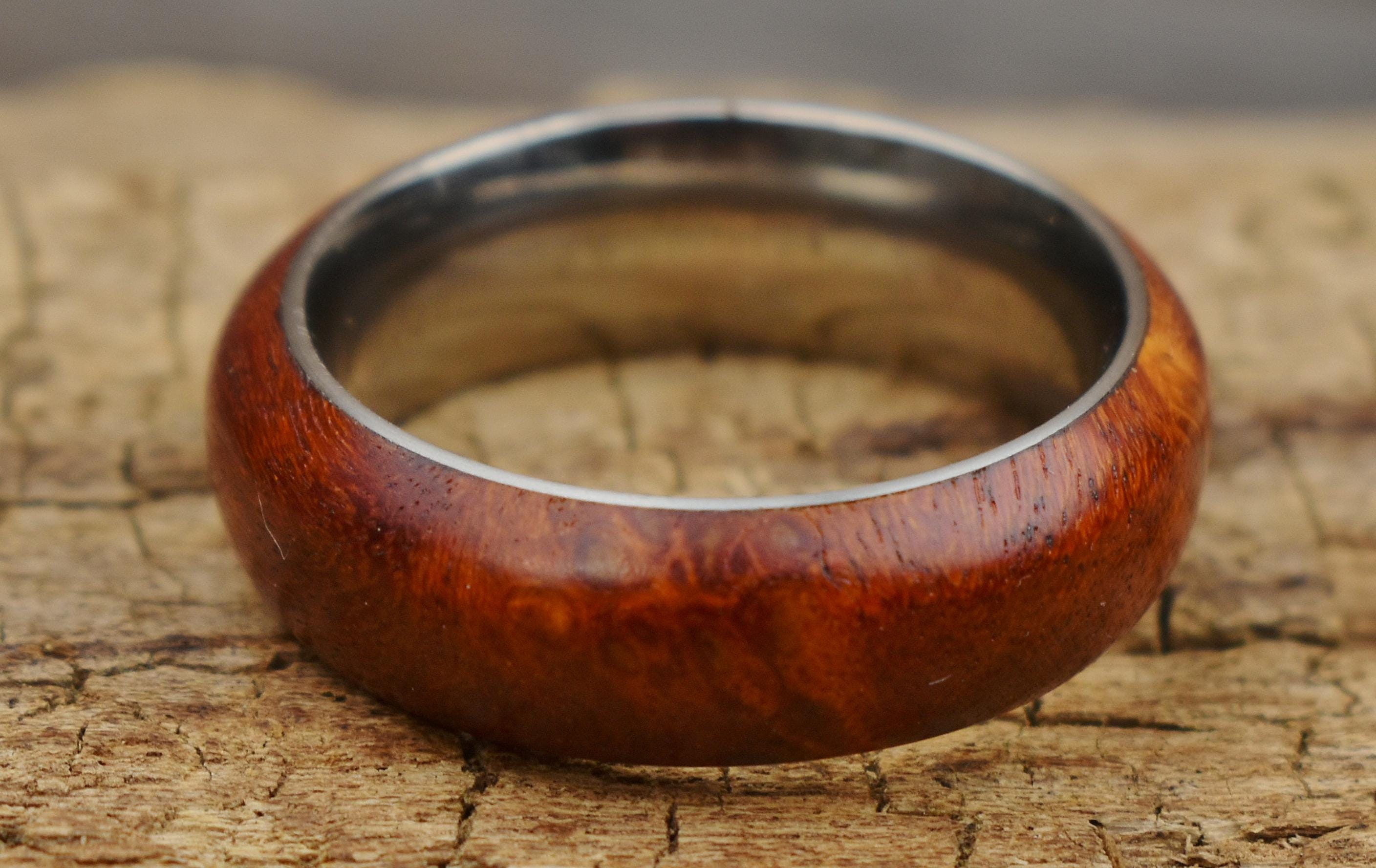 Handmade Bloodwood Burl Ring: Stainless Steel Core, Size 12
