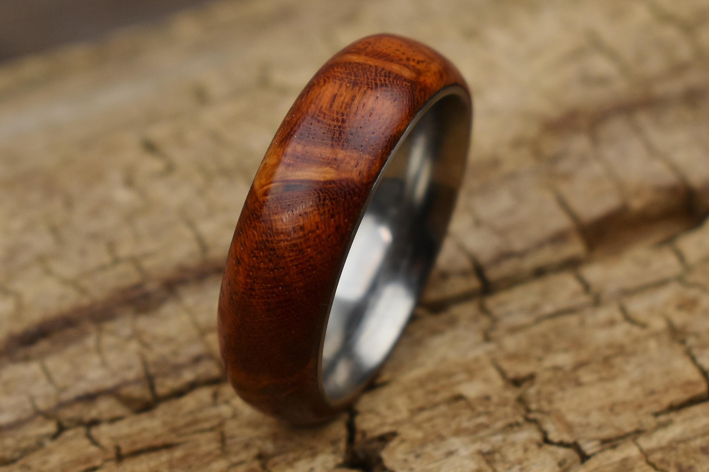 Handmade Bloodwood Burl Ring: Stainless Steel Core, Size 12