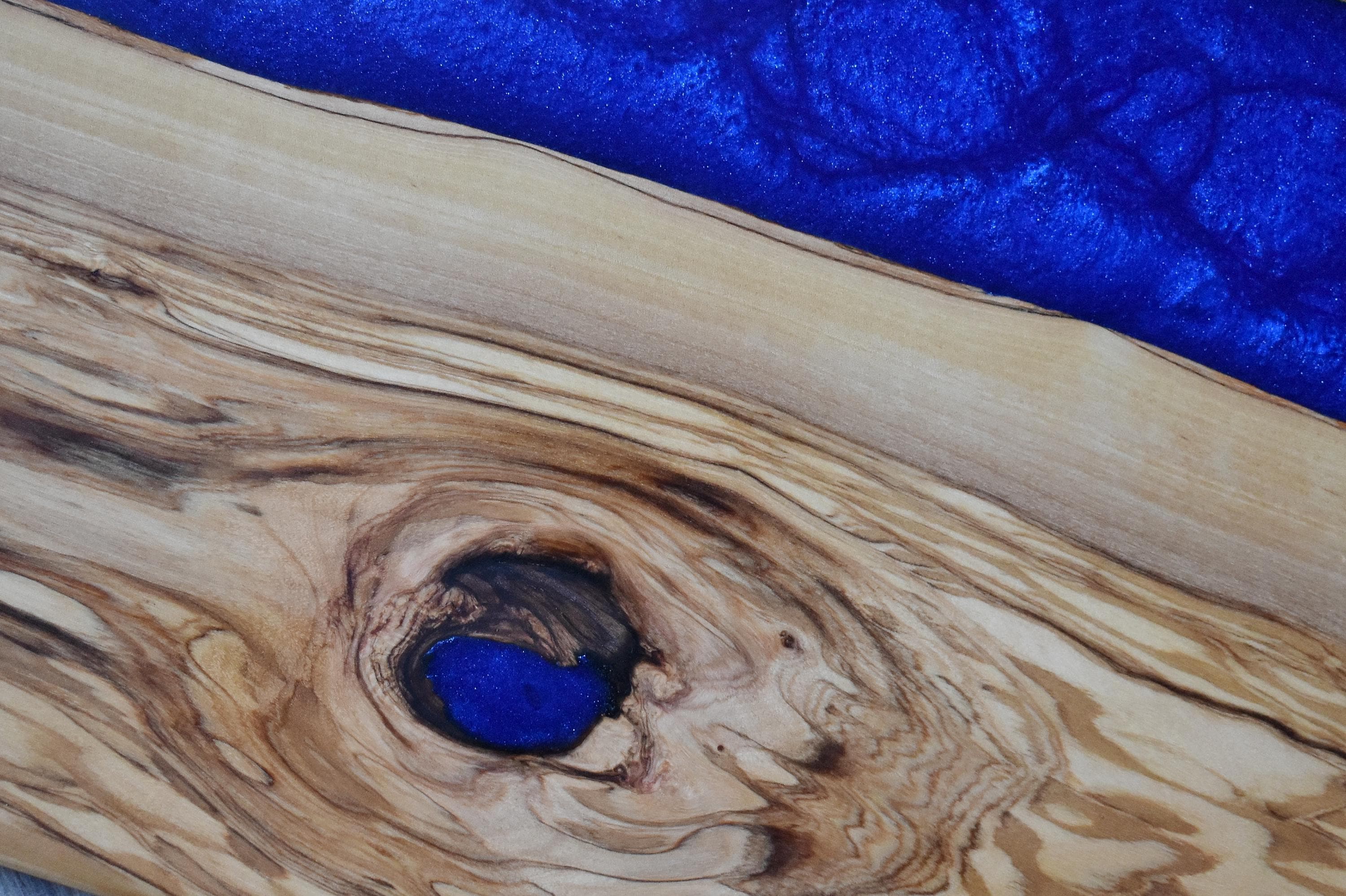 Blue Resin Charcuterie Board: Figured Italian Olivewood, Live Edge