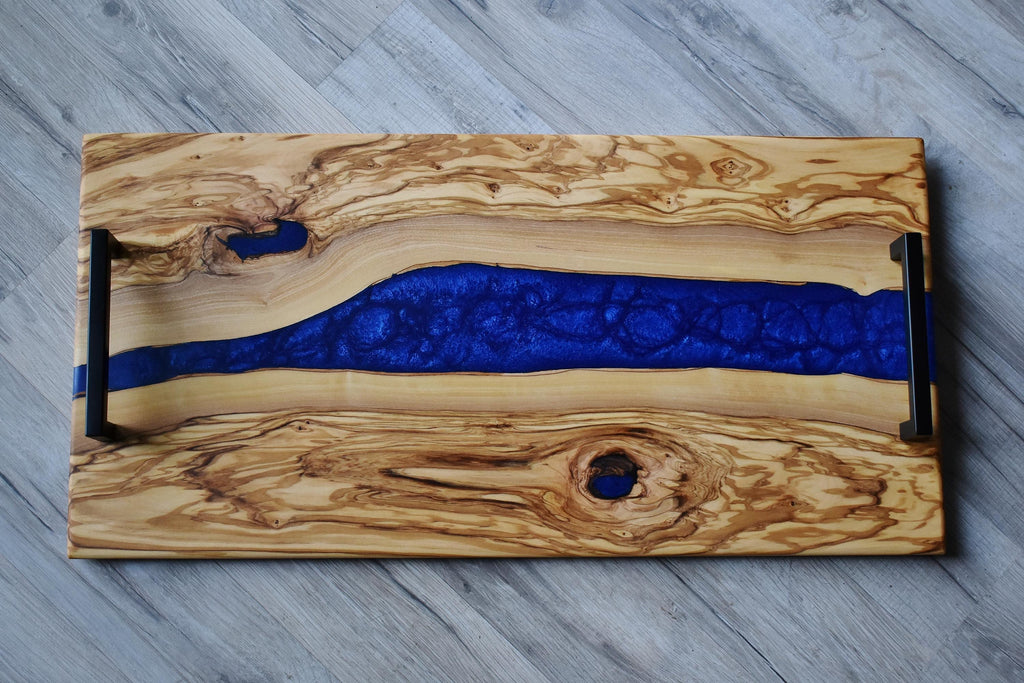 Blue Resin Charcuterie Board: Figured Italian Olivewood, Live Edge