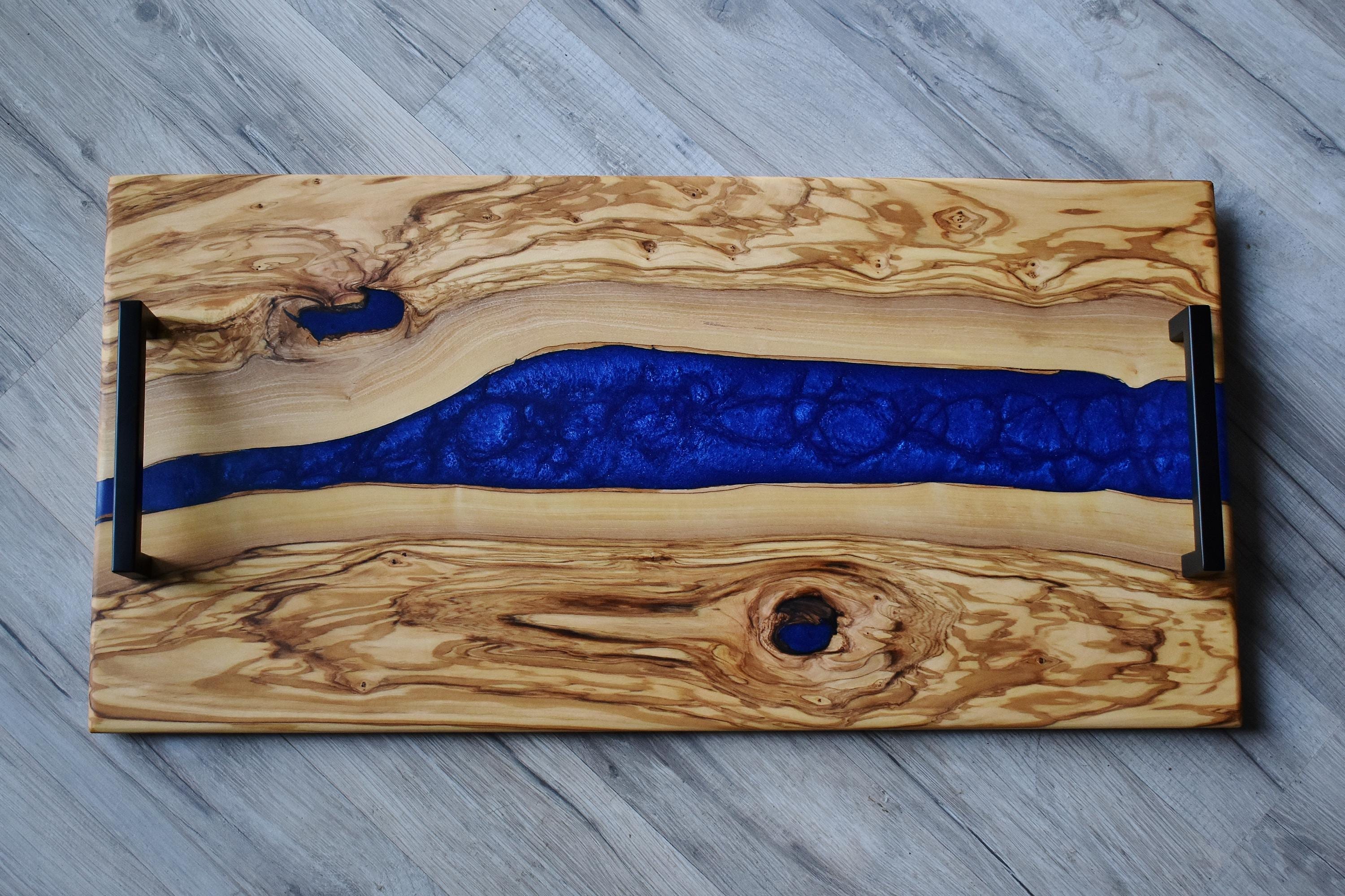 Blue Resin Charcuterie Board: Figured Italian Olivewood, Live Edge