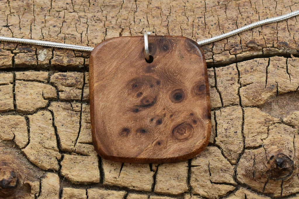Red Elm Burl Pendant Necklace: Handmade Wood Jewelry, 24 inch Chain