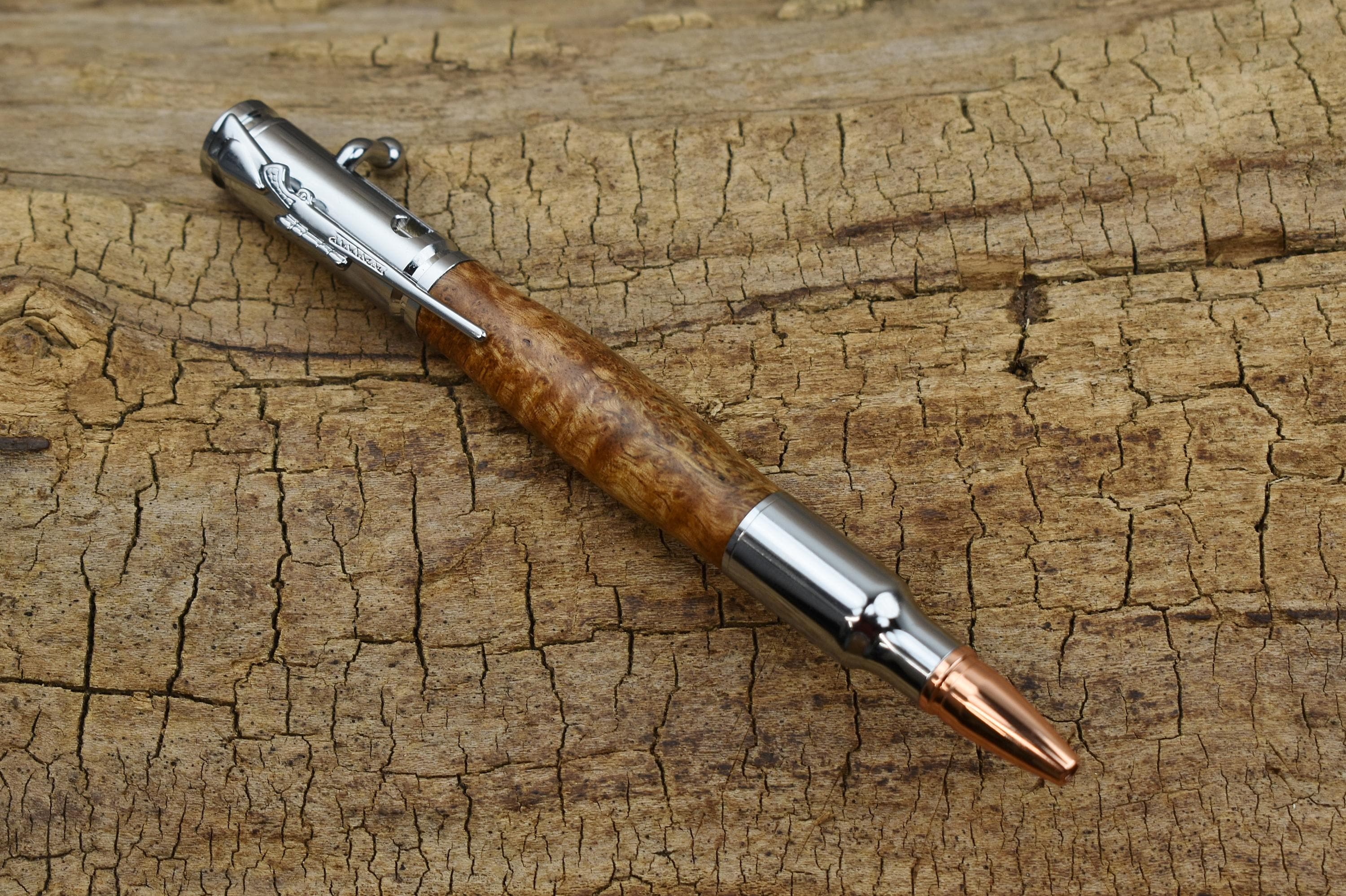 Hand Carved Satinwood Burl Bolt Action Pen - Chrome Finish