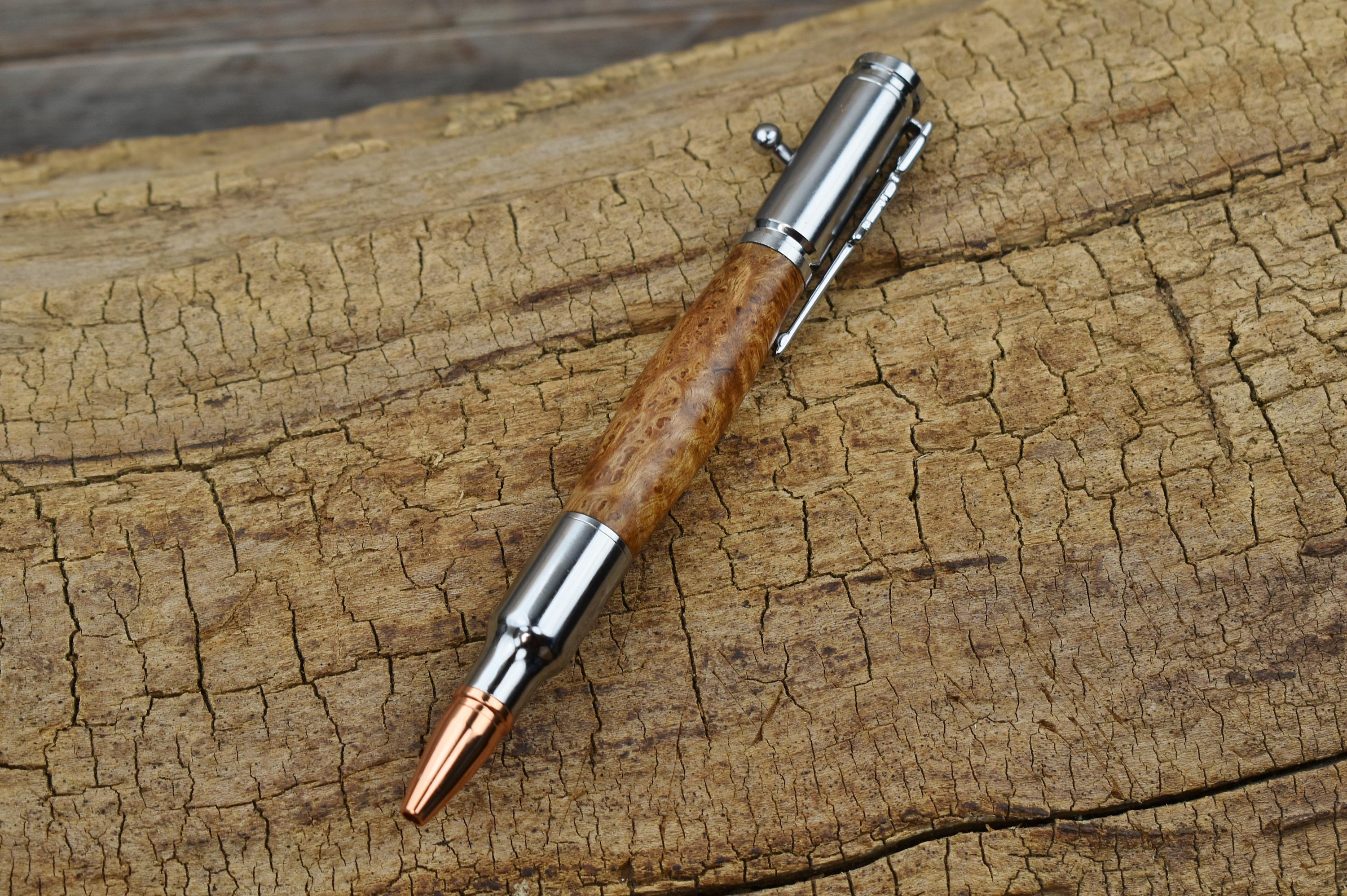 Hand Carved Satinwood Burl Bolt Action Pen - Chrome Finish