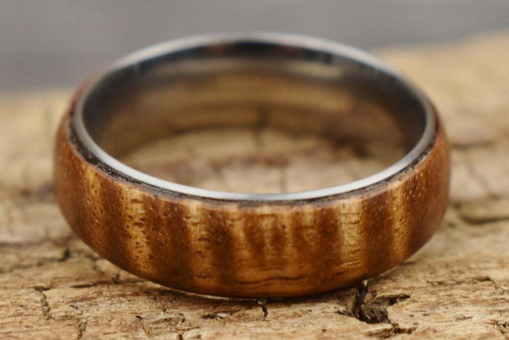 Handmade Curly Acacia Wood Ring - Stainless Steel Core - Size 13