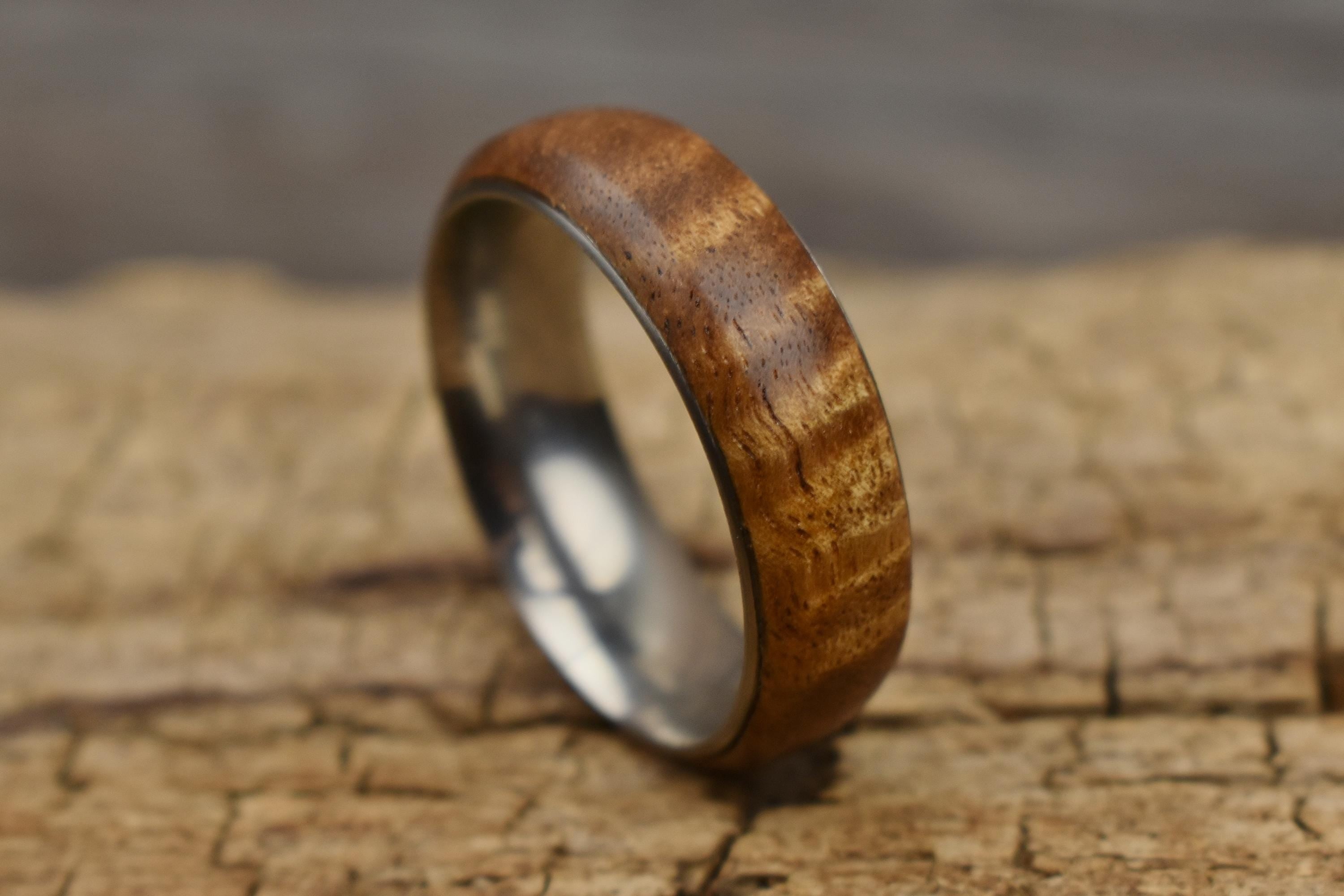 Handmade Curly Acacia Wood Ring - Stainless Steel Core - Size 13