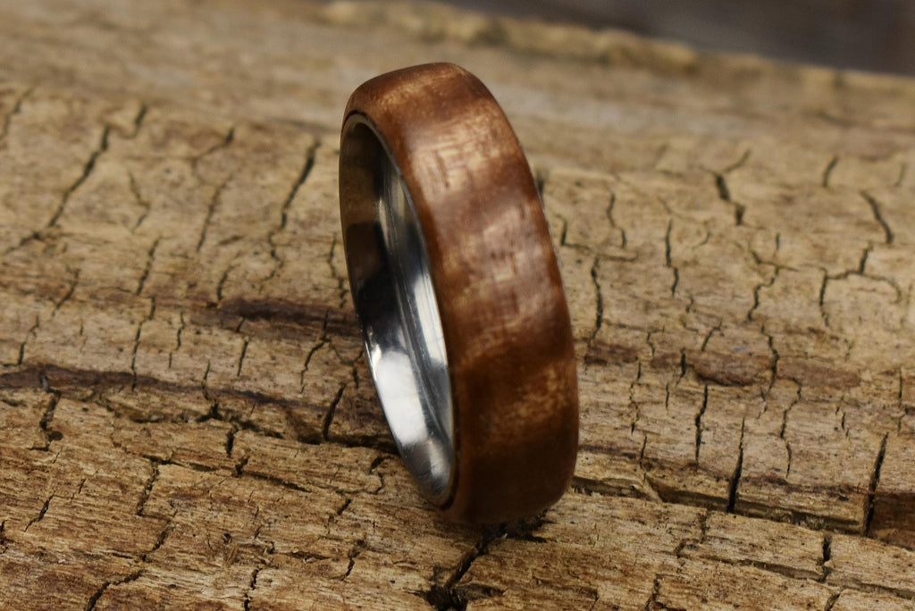 Handmade Curly Satinwood Ring - Stainless Steel Core - Size 13