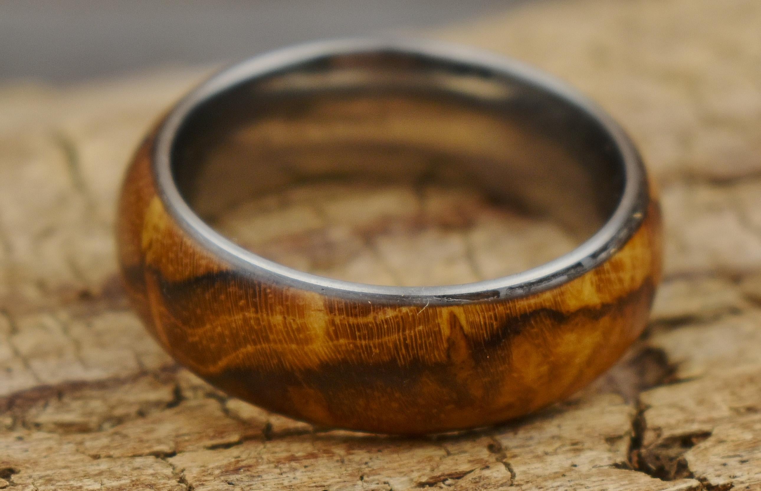 Handmade Teak Burl Ring: Stainless Steel Core, Size 9.5