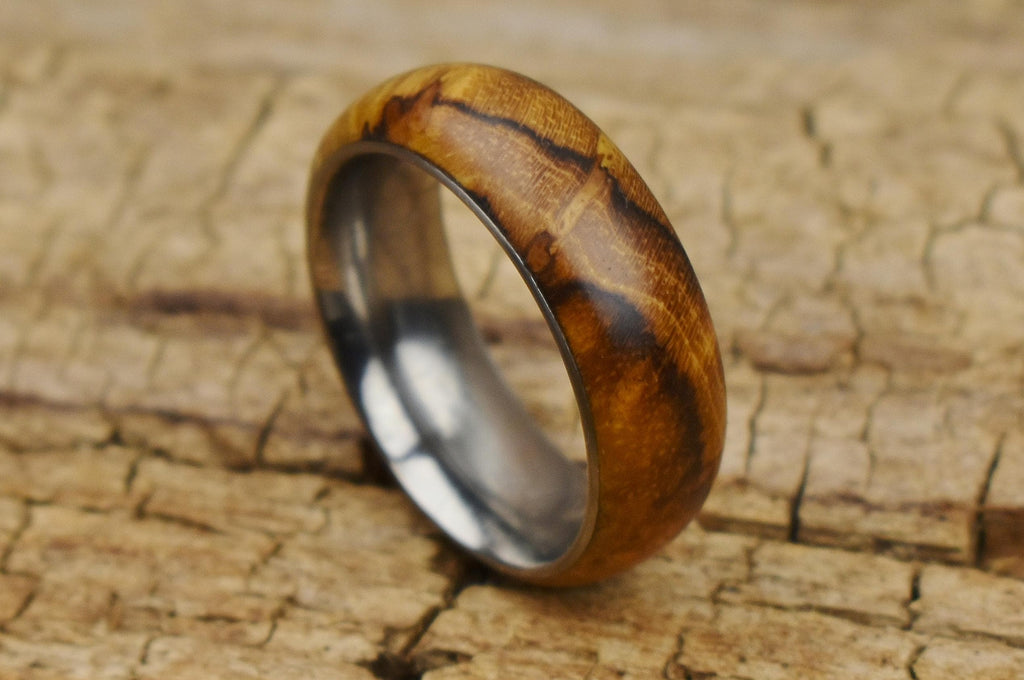 Handmade Teak Burl Ring: Stainless Steel Core, Size 9.5