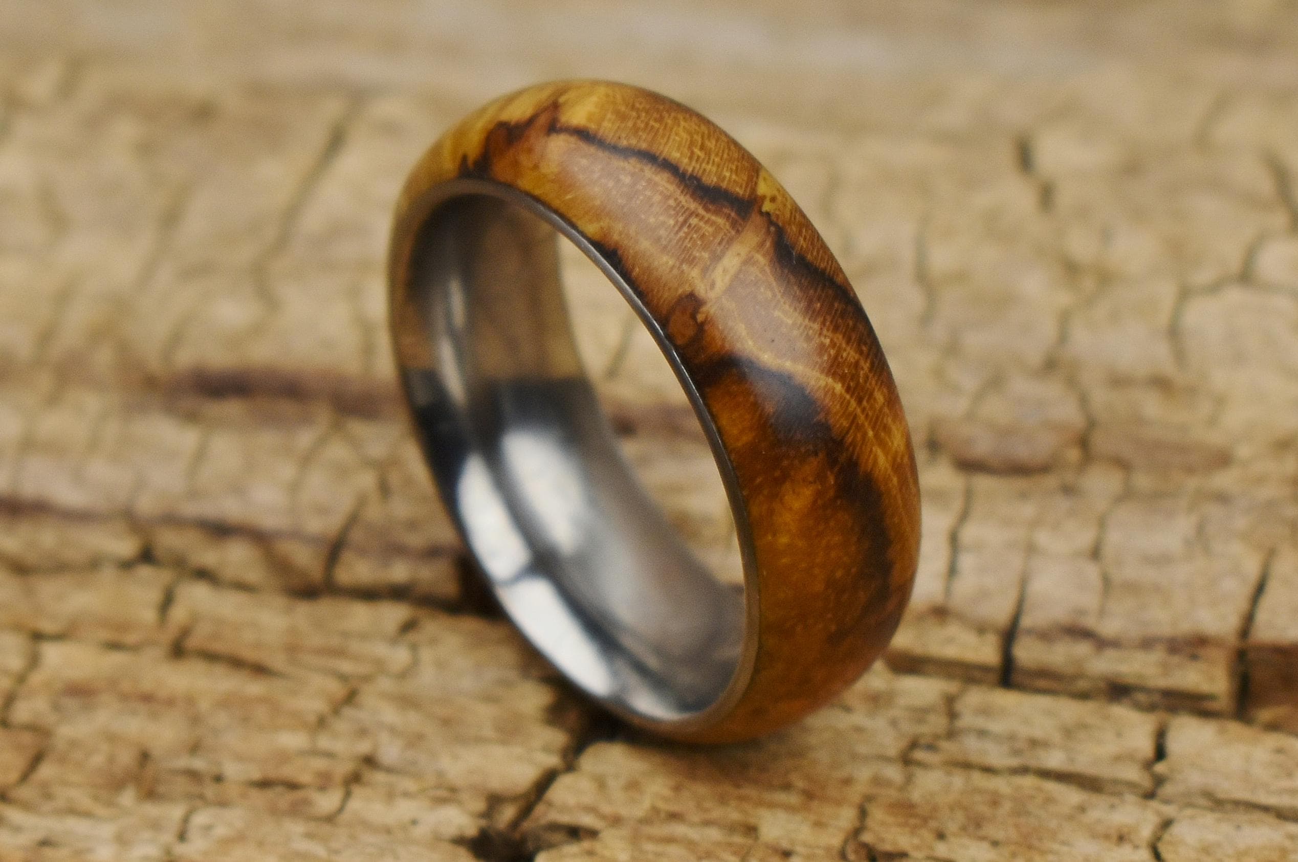 Handmade Teak Burl Ring: Stainless Steel Core, Size 9.5