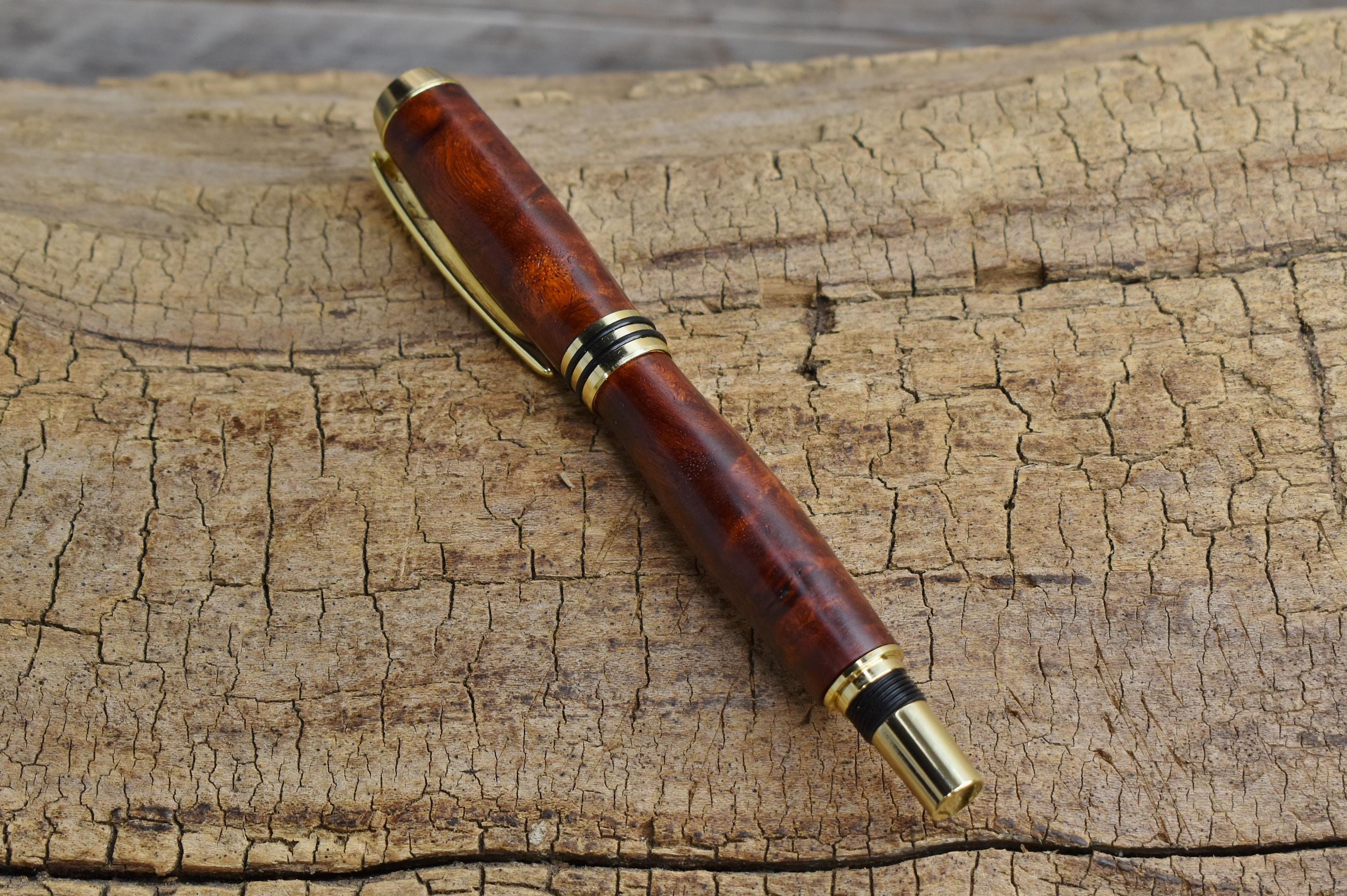 Hand Carved Amboyna Burl Fountain Pen - Gold Finish