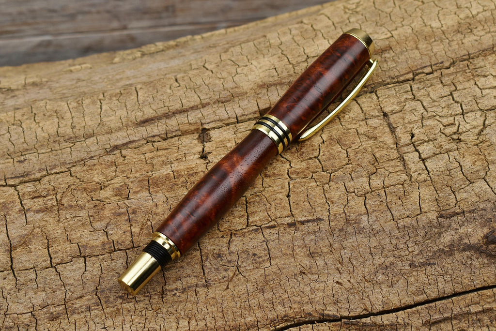 Hand Carved Amboyna Burl Fountain Pen - Gold Finish