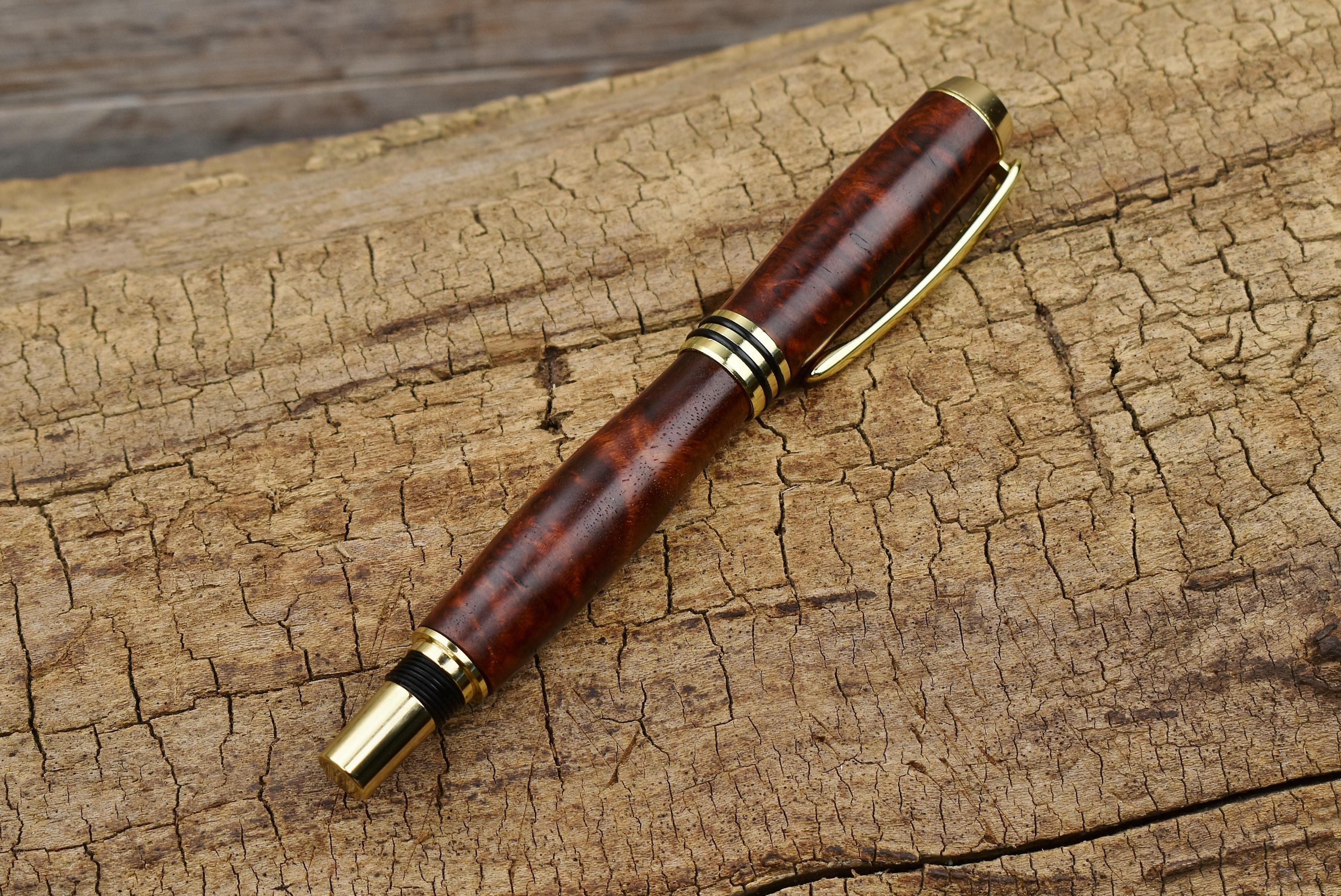 Hand Carved Amboyna Burl Fountain Pen - Gold Finish