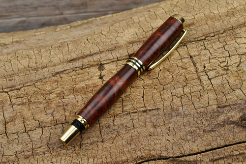 Hand Carved Amboyna Burl Fountain Pen - Gold Finish
